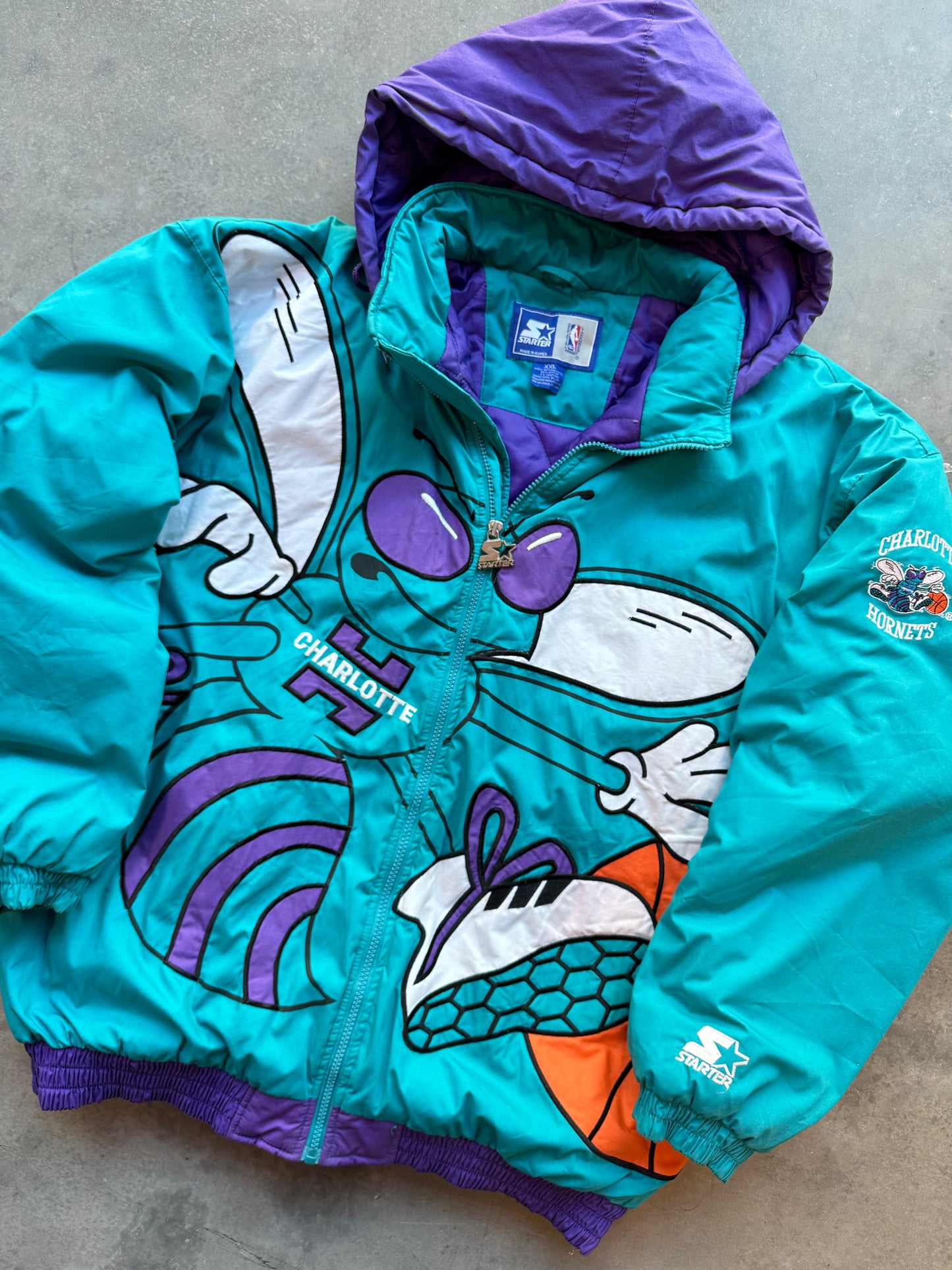 90’s Charlotte Hornets Vintage Starter Teal Big Logo Hugo Embroidered J. Cole 2019 NBA All Star Game NBA Puffer Jacket (XXL)