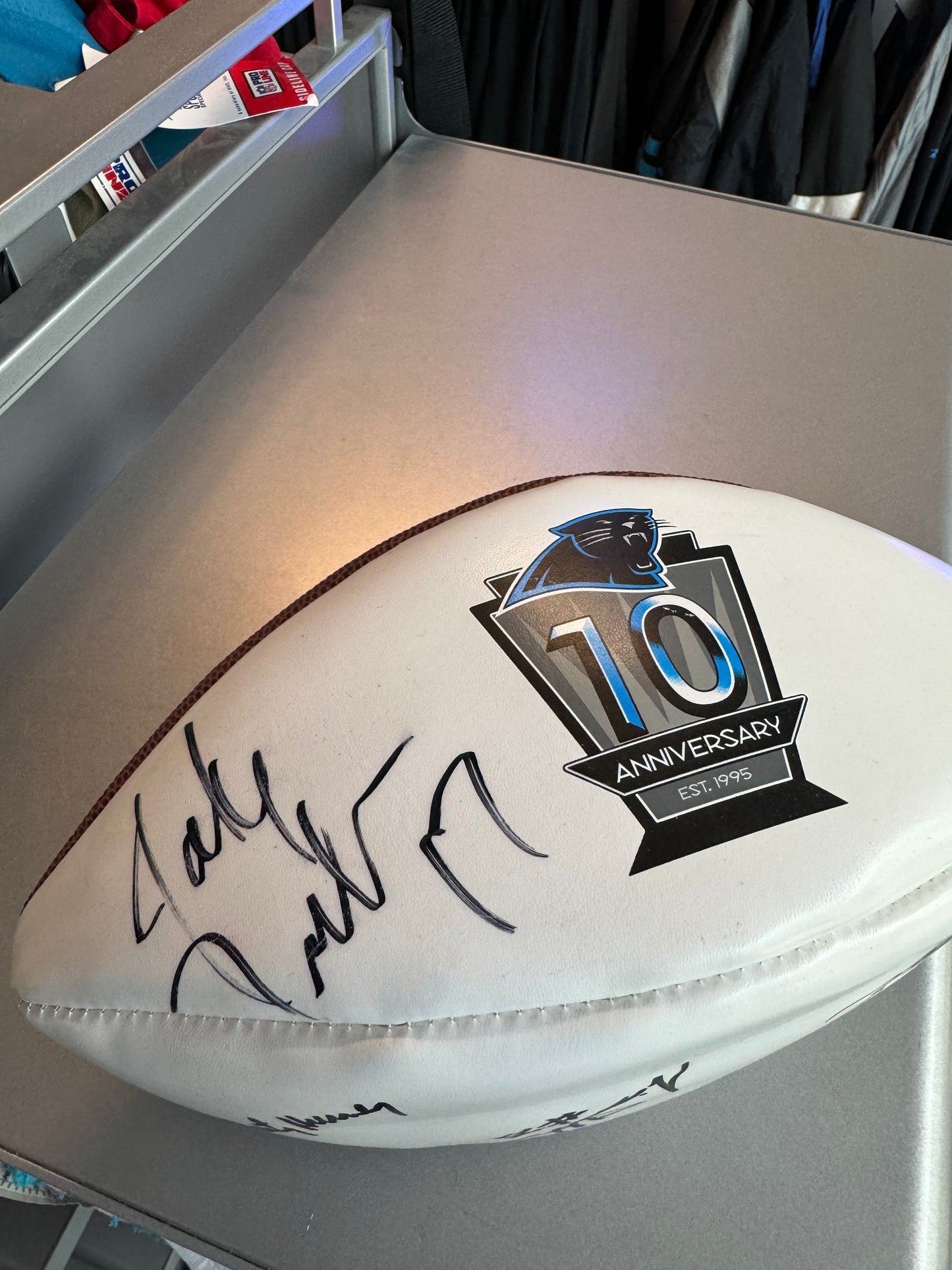 2004 Carolina Panthers 10th Anniversary Team Wilson White Panel NFL Football - Autographed