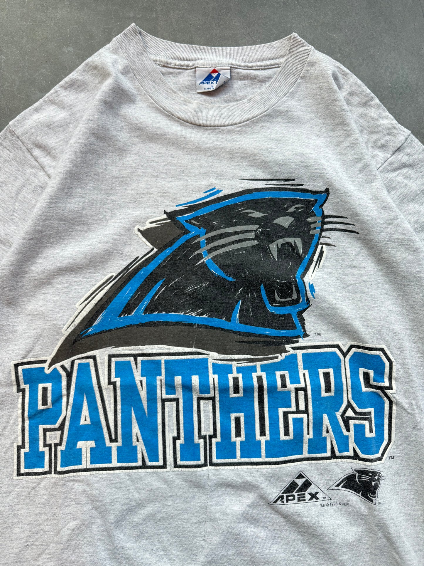 1993 Carolina Panthers Vintage Heather Grey Abstract Sketch Logo NFL Tee (Large)