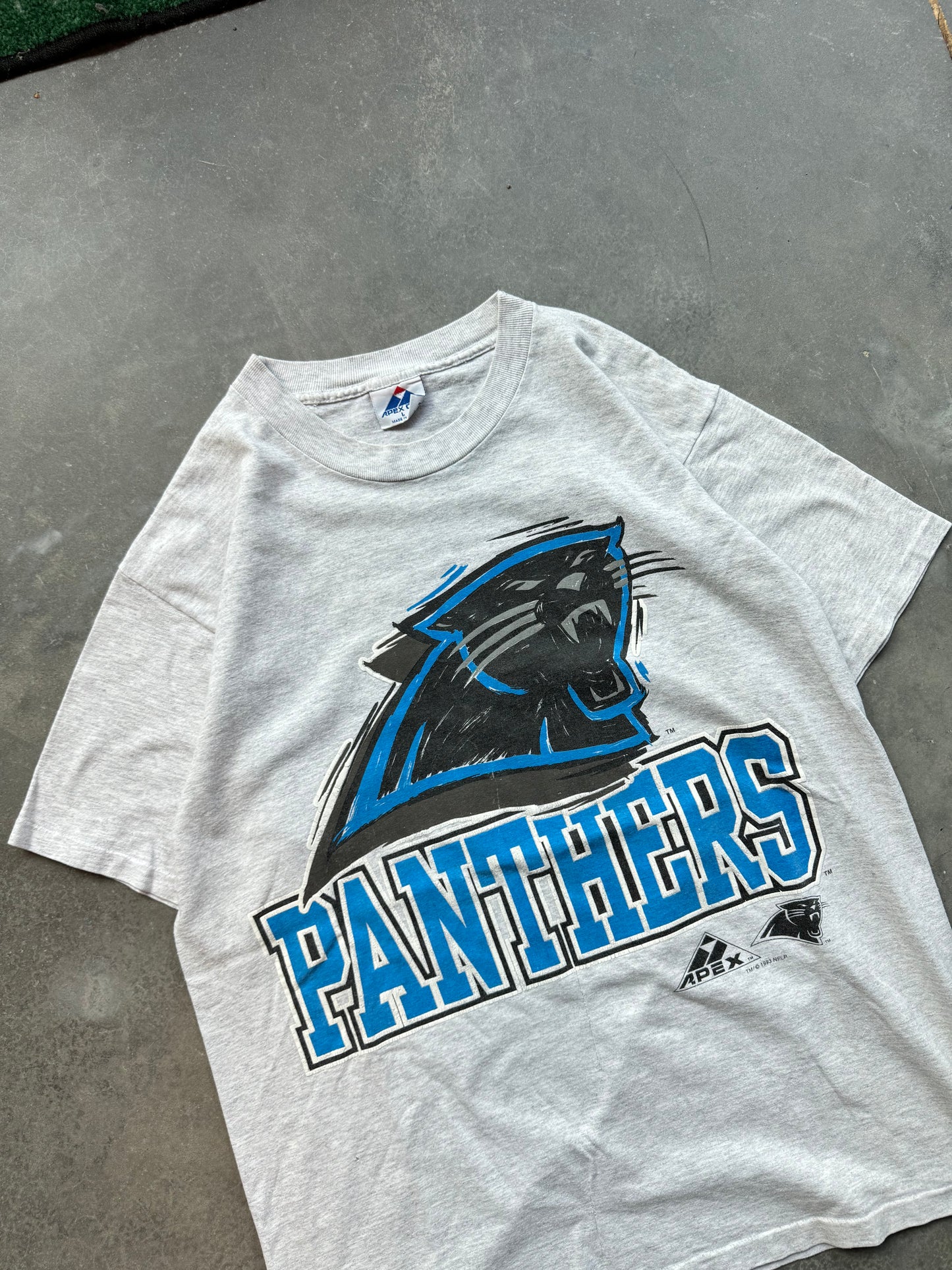 1993 Carolina Panthers Vintage Heather Grey Abstract Sketch Logo NFL Tee (Large)