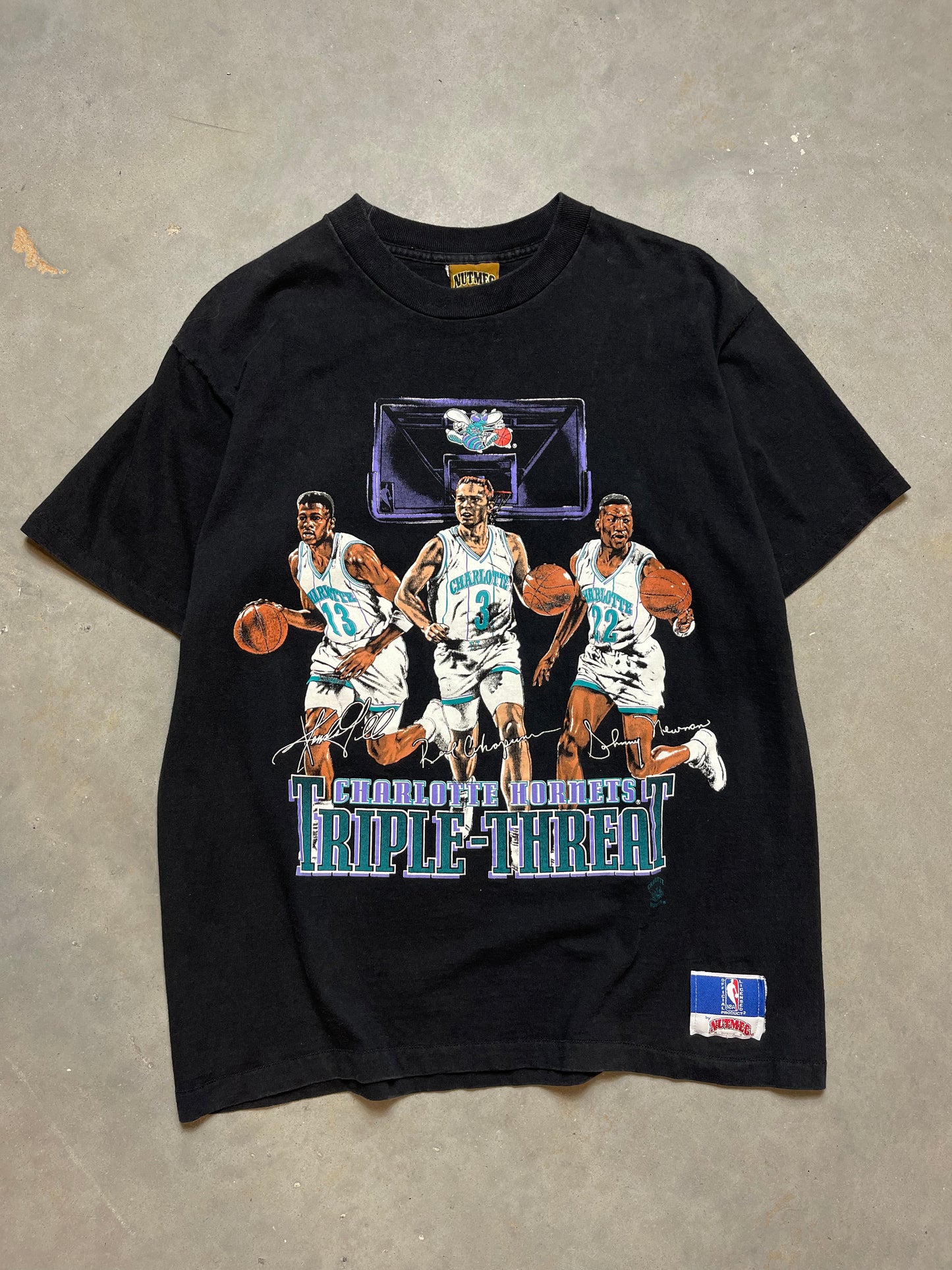 90’s Charlotte Hornets Triple Threat Kendall Gill, Rex Chapman, Johnny Newman Vintage Nutmeg Mills NBA Tee (Medium)