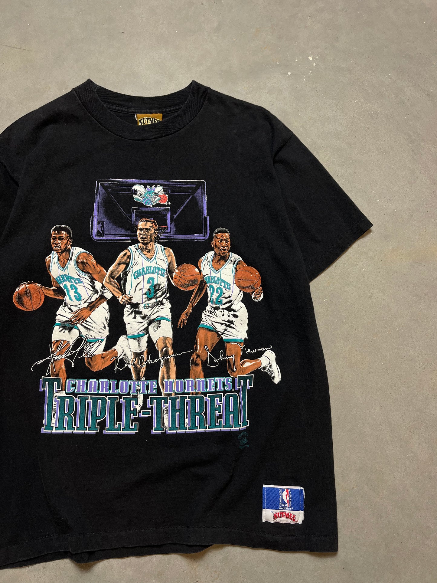 90’s Charlotte Hornets Triple Threat Kendall Gill, Rex Chapman, Johnny Newman Vintage Nutmeg Mills NBA Tee (Medium)