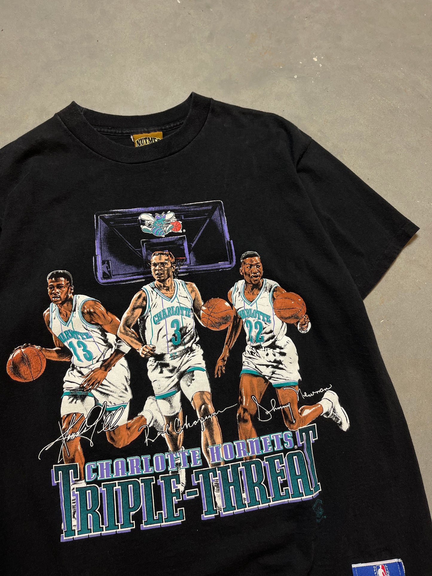 90’s Charlotte Hornets Triple Threat Kendall Gill, Rex Chapman, Johnny Newman Vintage Nutmeg Mills NBA Tee (Medium)