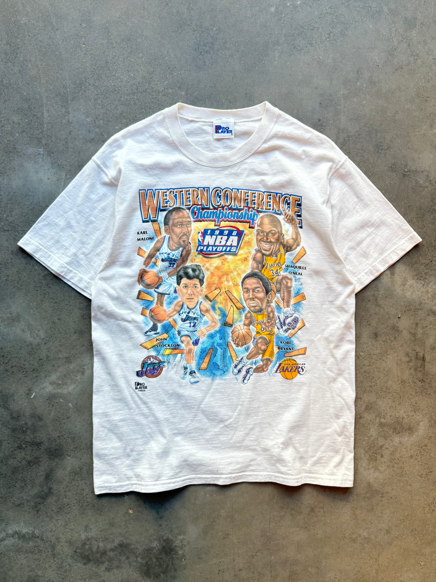 1998 Los Angeles Lakers vs. Utah Jazz White Pro Player Caricature Tee Featuring Kobe, Shaq, Malone & Stockton (Medium)