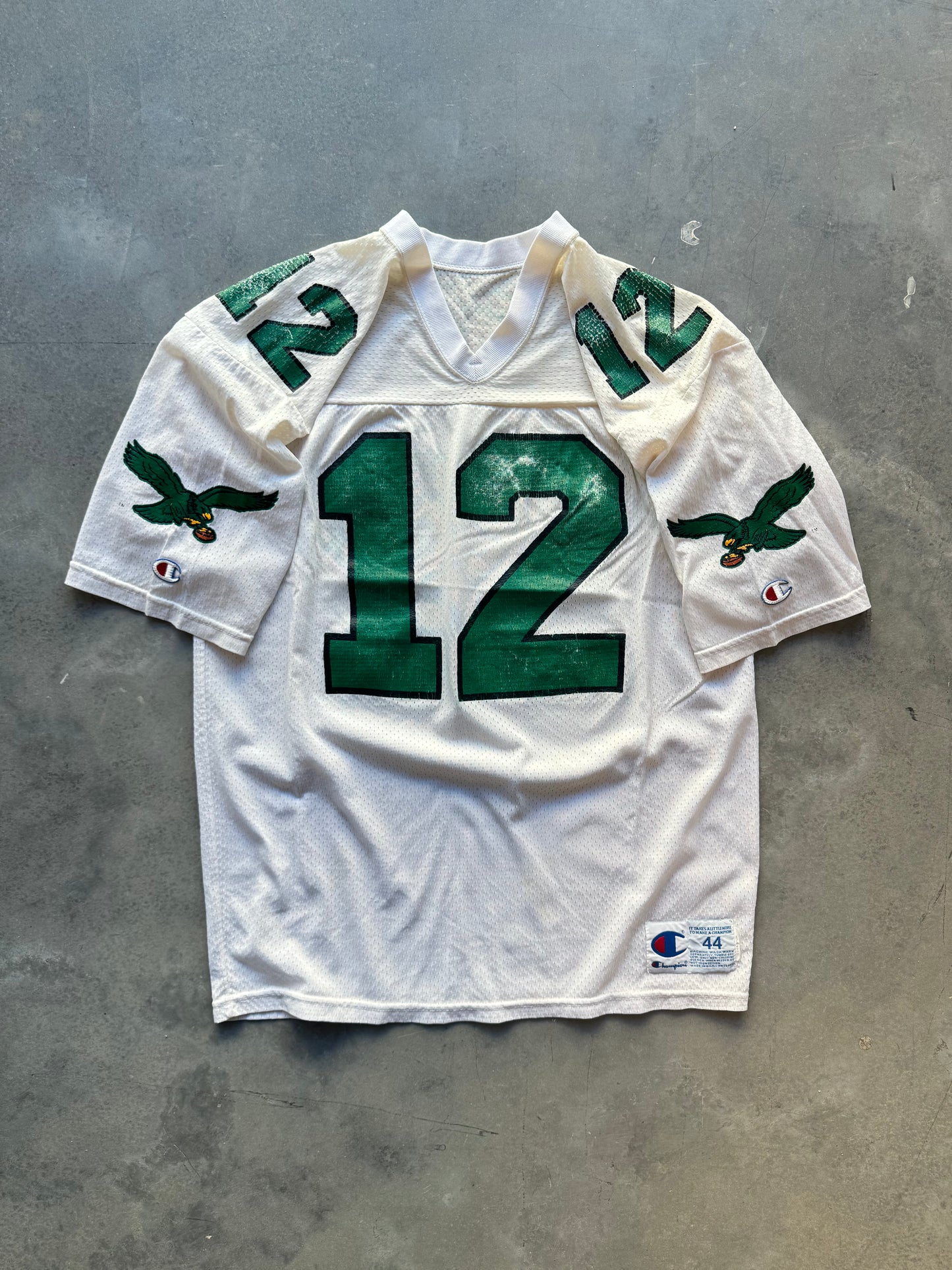 90’s Philadelphia Eagles Randall Cunningham Vintage White Kelly Green Champion NFL Jersey (44/Large)