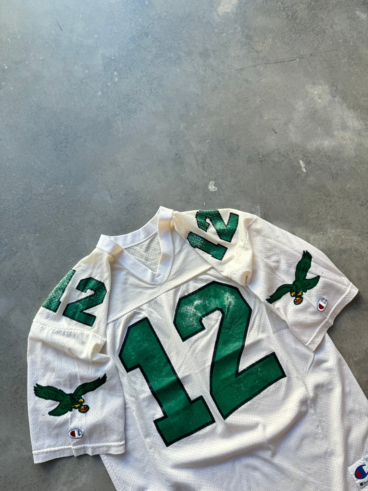 90’s Philadelphia Eagles Randall Cunningham Vintage White Kelly Green Champion NFL Jersey (44/Large)