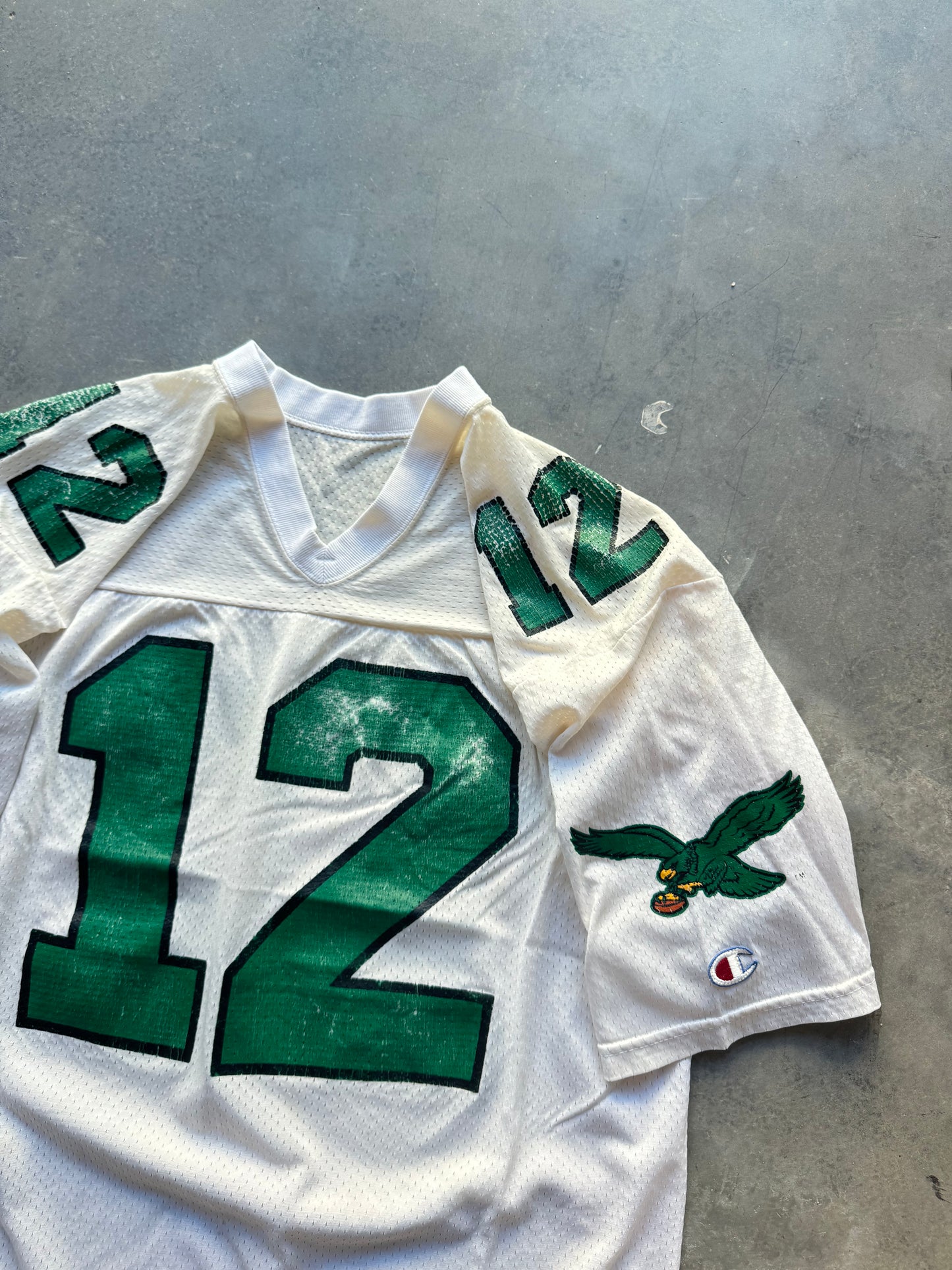 90’s Philadelphia Eagles Randall Cunningham Vintage White Kelly Green Champion NFL Jersey (44/Large)