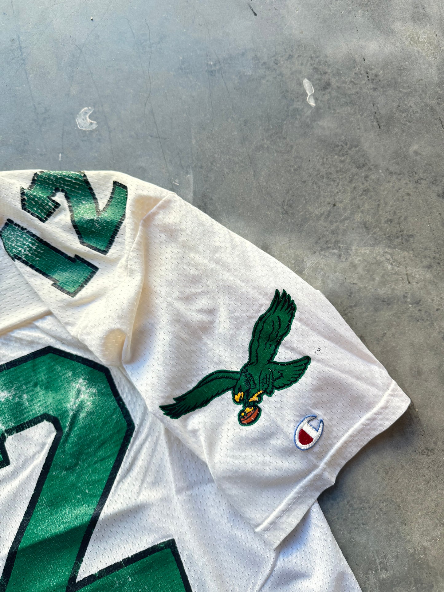 90’s Philadelphia Eagles Randall Cunningham Vintage White Kelly Green Champion NFL Jersey (44/Large)