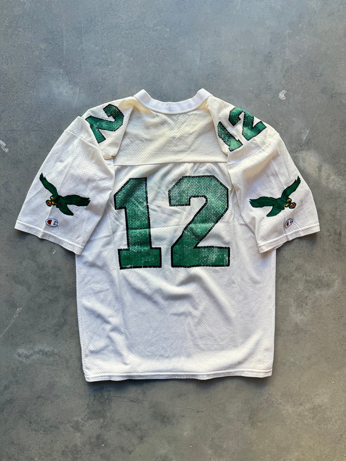 90’s Philadelphia Eagles Randall Cunningham Vintage White Kelly Green Champion NFL Jersey (44/Large)