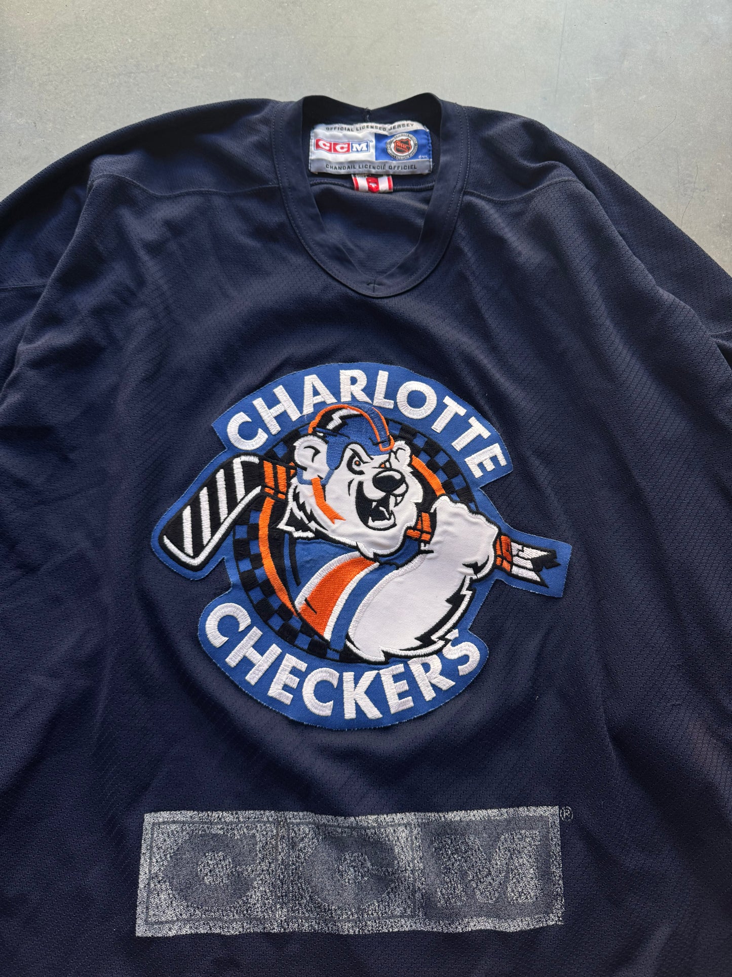 90’s Charlotte Checkers Vintage CCM Navy Blue Embroidered Practice ECHL Hockey Jersey (XL)