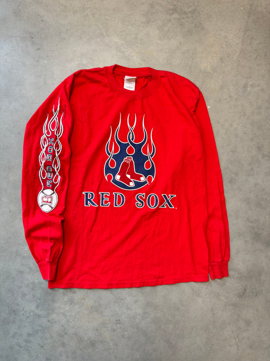 00’s Boston Red Sox Vintage Lee Sport Flames Print MLB Longsleeve Tee (Medium)