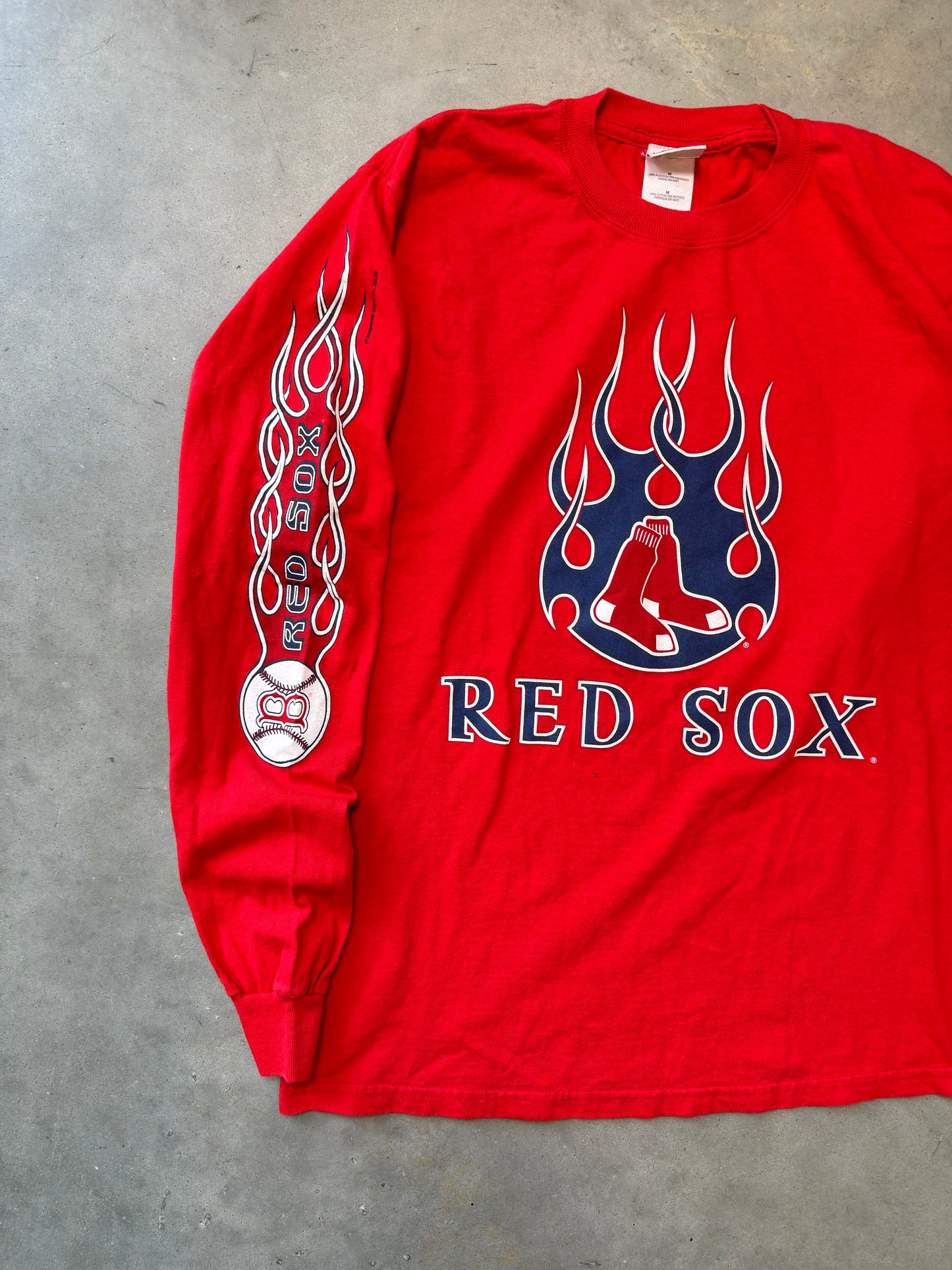 00’s Boston Red Sox Vintage Lee Sport Flames Print MLB Longsleeve Tee (Medium)