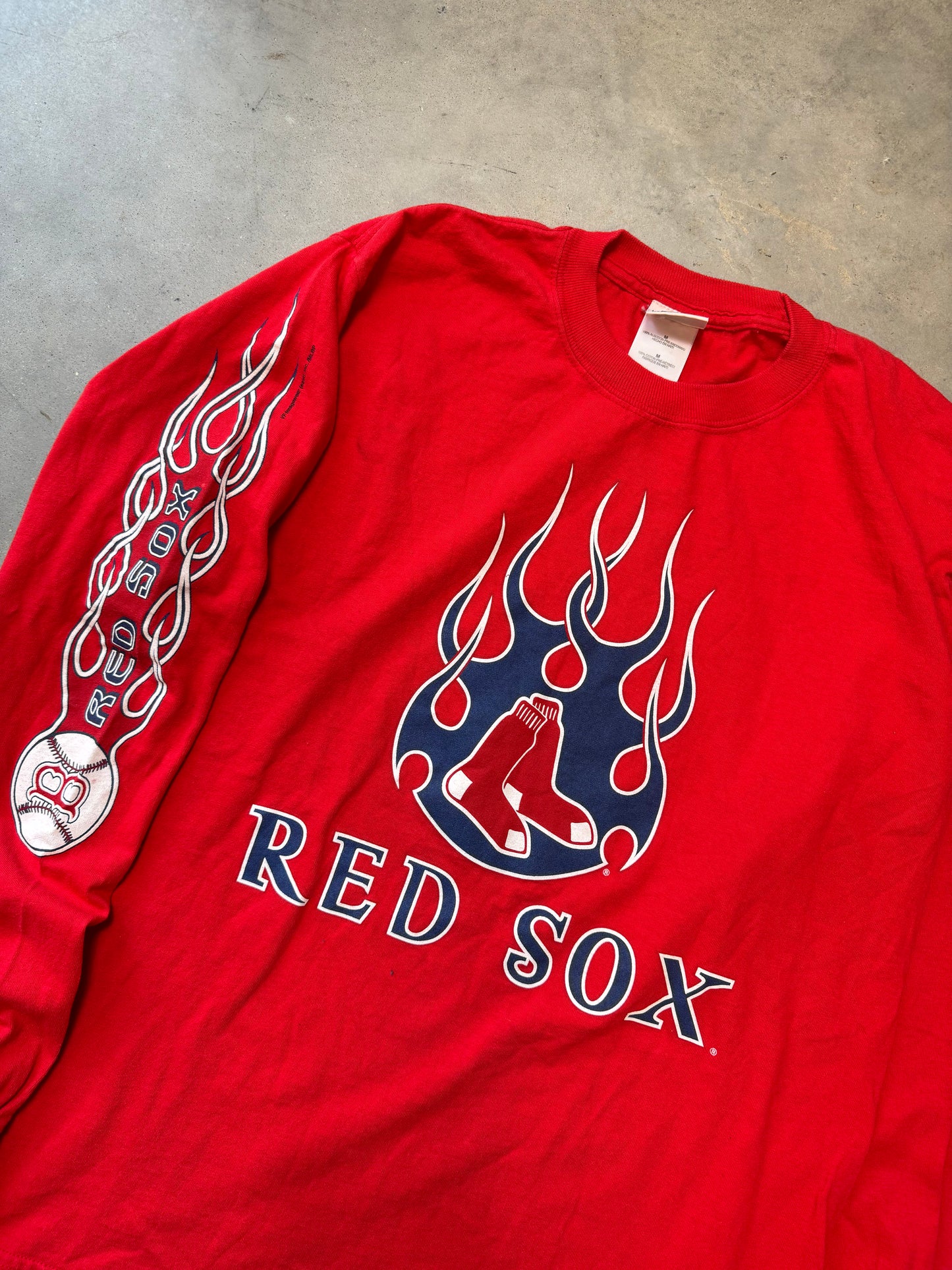 00’s Boston Red Sox Vintage Lee Sport Flames Print MLB Longsleeve Tee (Medium)