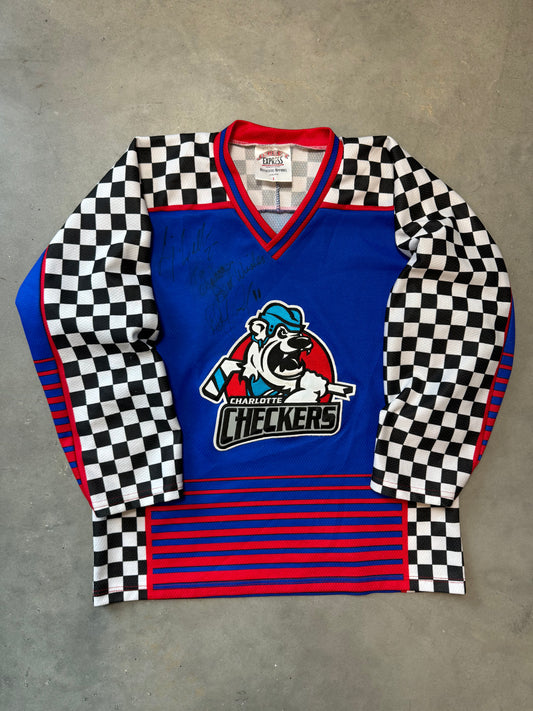 00’s Charlotte Checkers Vintage ECHL Checkered Signed Hockey Jersey (Youth Large)