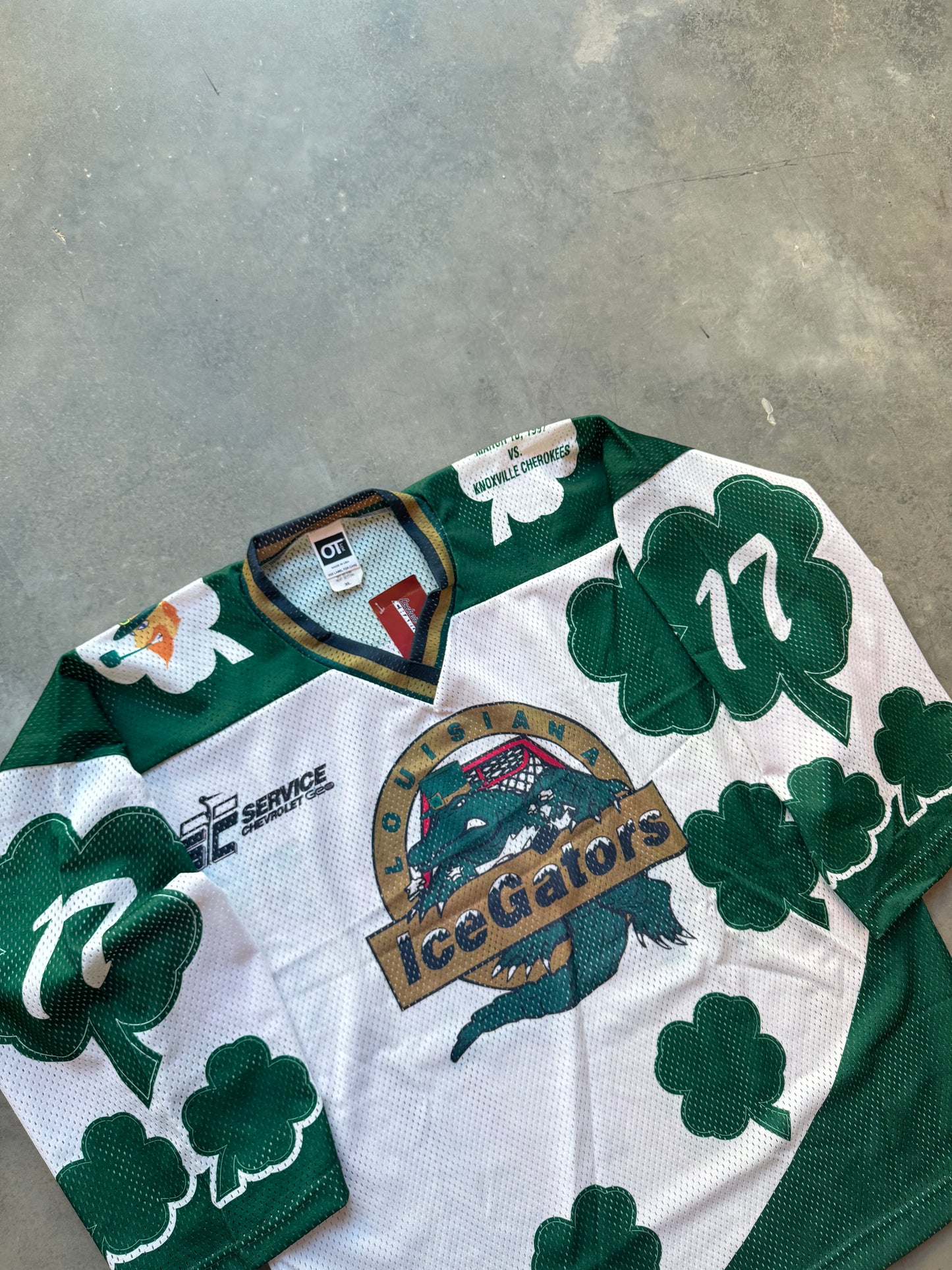 1997 Louisiana IceGators Vintage St. Patrick’s Day Shamrock 4 Leaf Clover One Game Style ECHL Hockey Jersey (XL)