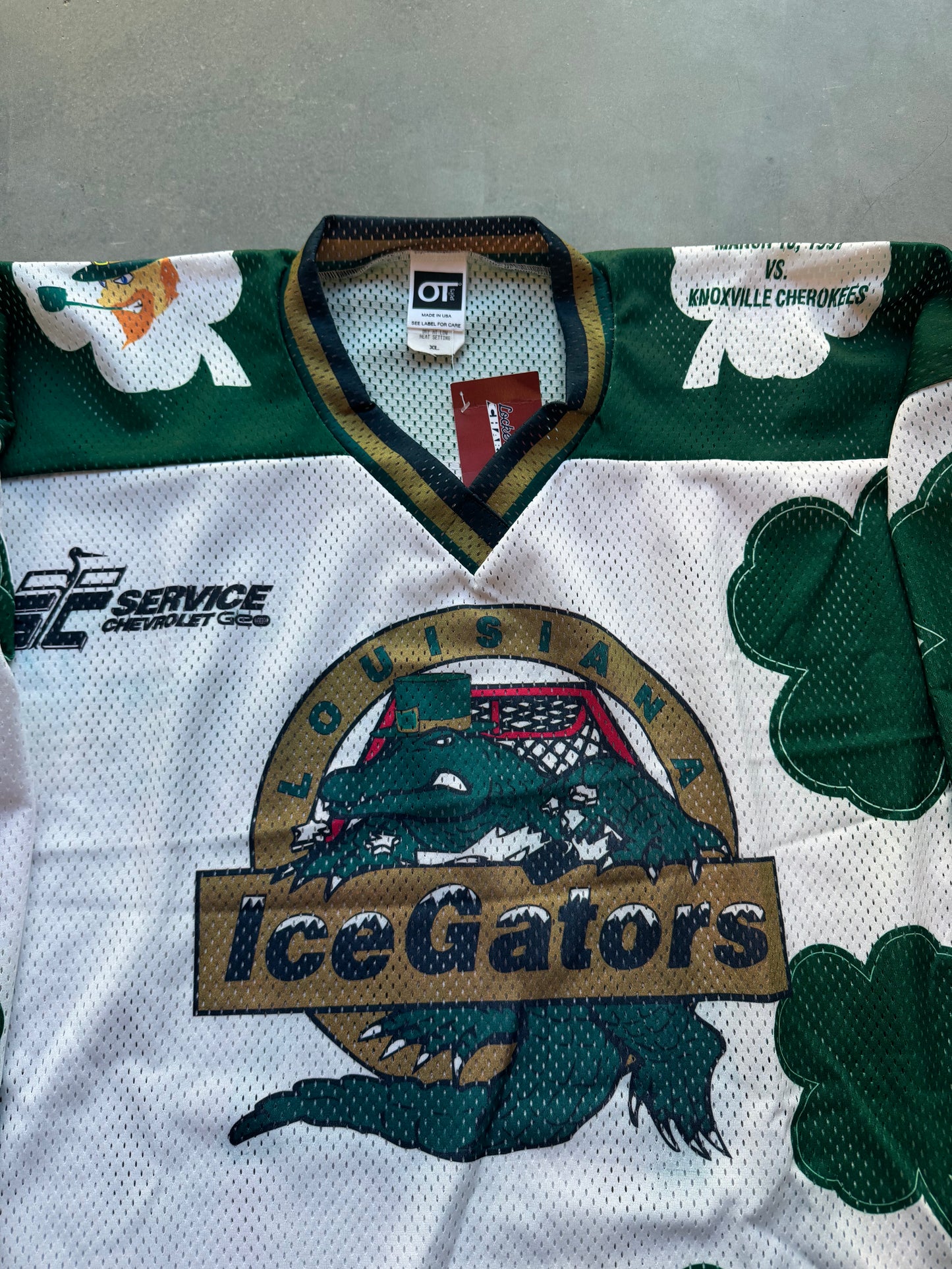 1997 Louisiana IceGators Vintage St. Patrick’s Day Shamrock 4 Leaf Clover One Game Style ECHL Hockey Jersey (XL)