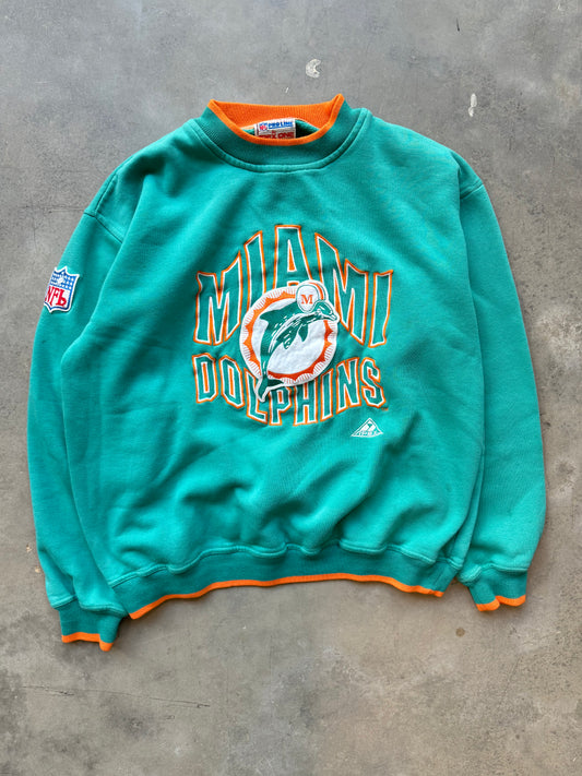 90’s Miami Dolphins Vintage Teal Heabyweight Apex One Heavyweight Embroidered NFL Crewneck (Medium)