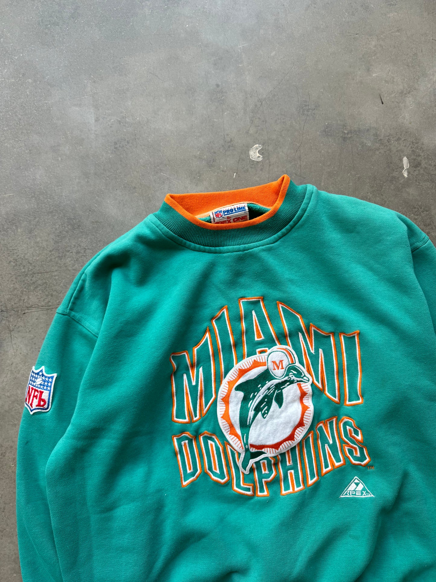 90’s Miami Dolphins Vintage Teal Heabyweight Apex One Heavyweight Embroidered NFL Crewneck (Medium)