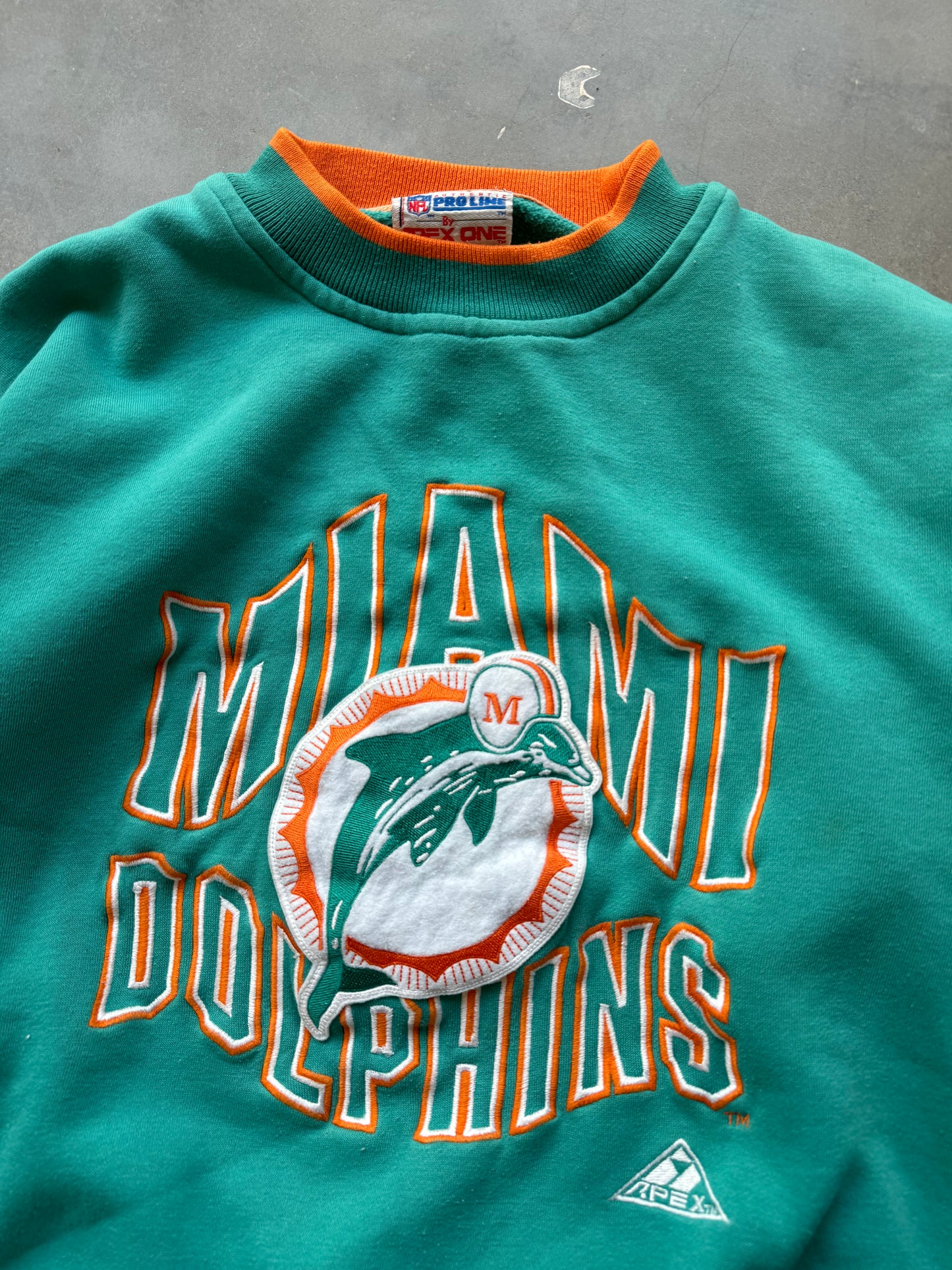 90’s Miami Dolphins Vintage Teal Heabyweight Apex One Heavyweight Embroidered NFL Crewneck (Medium)