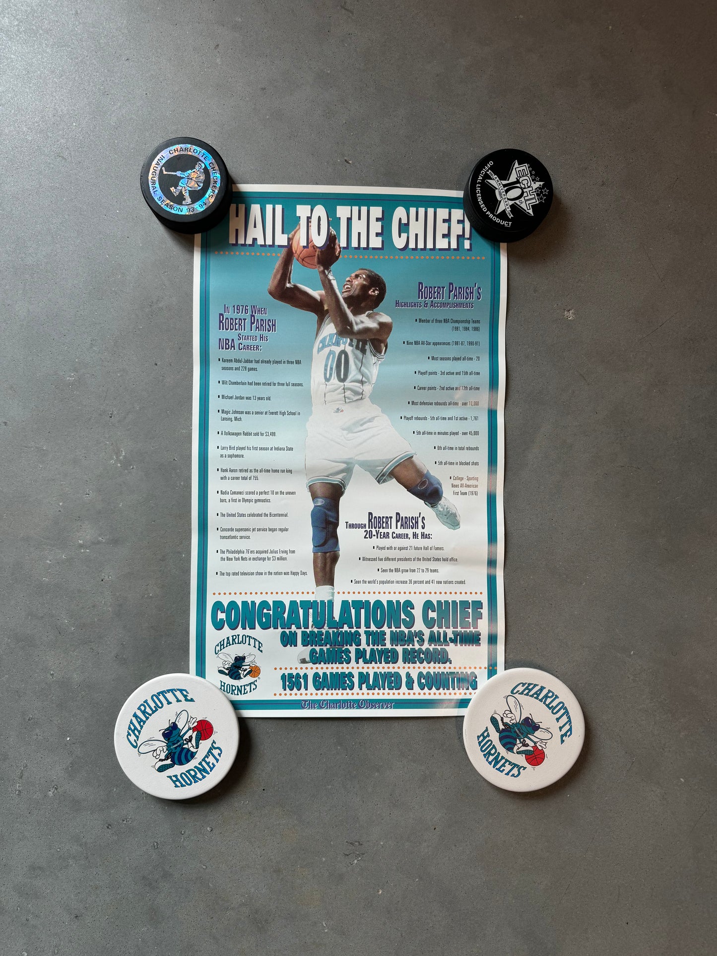 1994 Charlotte Hornets Robert Parish “Hail to the Chief” Charlotte Observer All Time Games Played NBA Leader Vintage Poster (11x18.5)