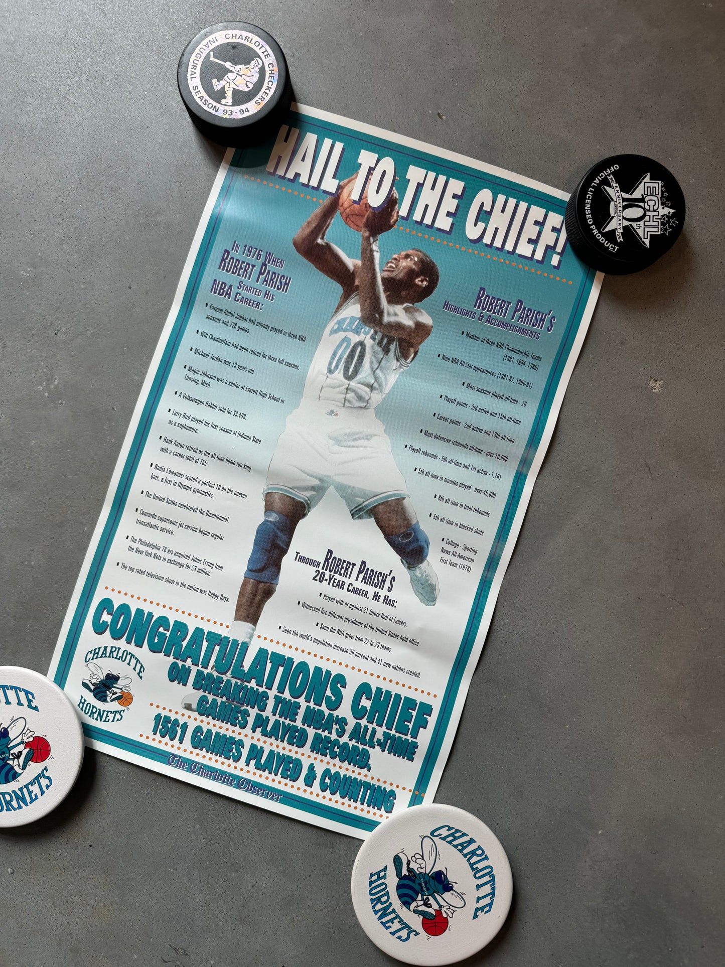 1994 Charlotte Hornets Robert Parish “Hail to the Chief” Charlotte Observer All Time Games Played NBA Leader Vintage Poster (11x18.5)