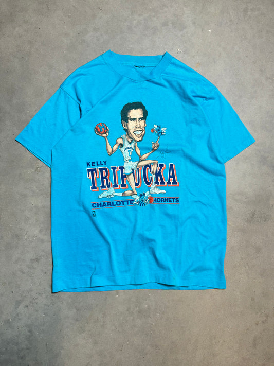 1988 Charlotte Hornets Kelly Tripucka Vintage Teal Salem Sportswear Inaugural Season Caricature Tee (Large)