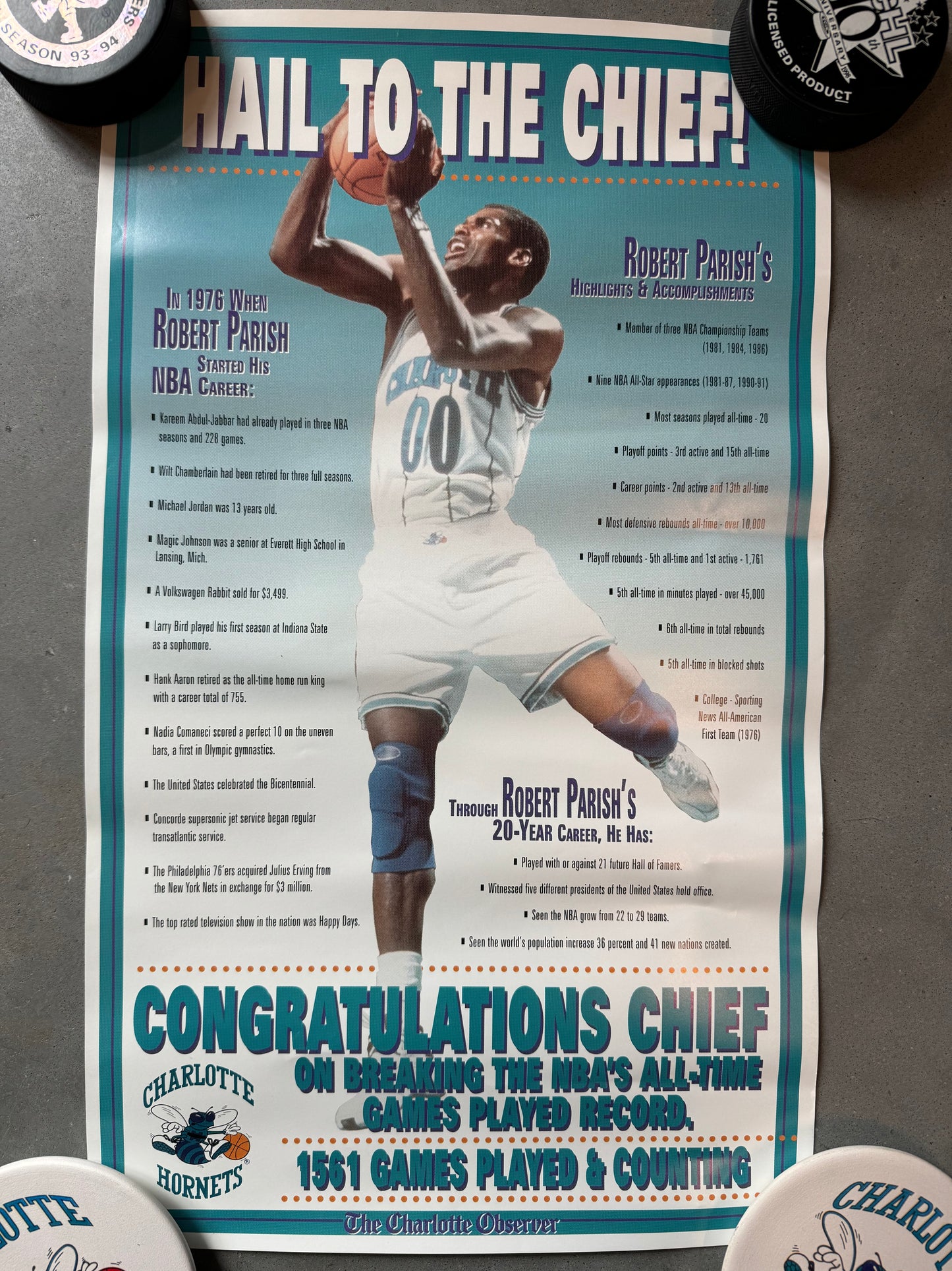 1994 Charlotte Hornets Robert Parish “Hail to the Chief” Charlotte Observer All Time Games Played NBA Leader Vintage Poster (11x18.5)