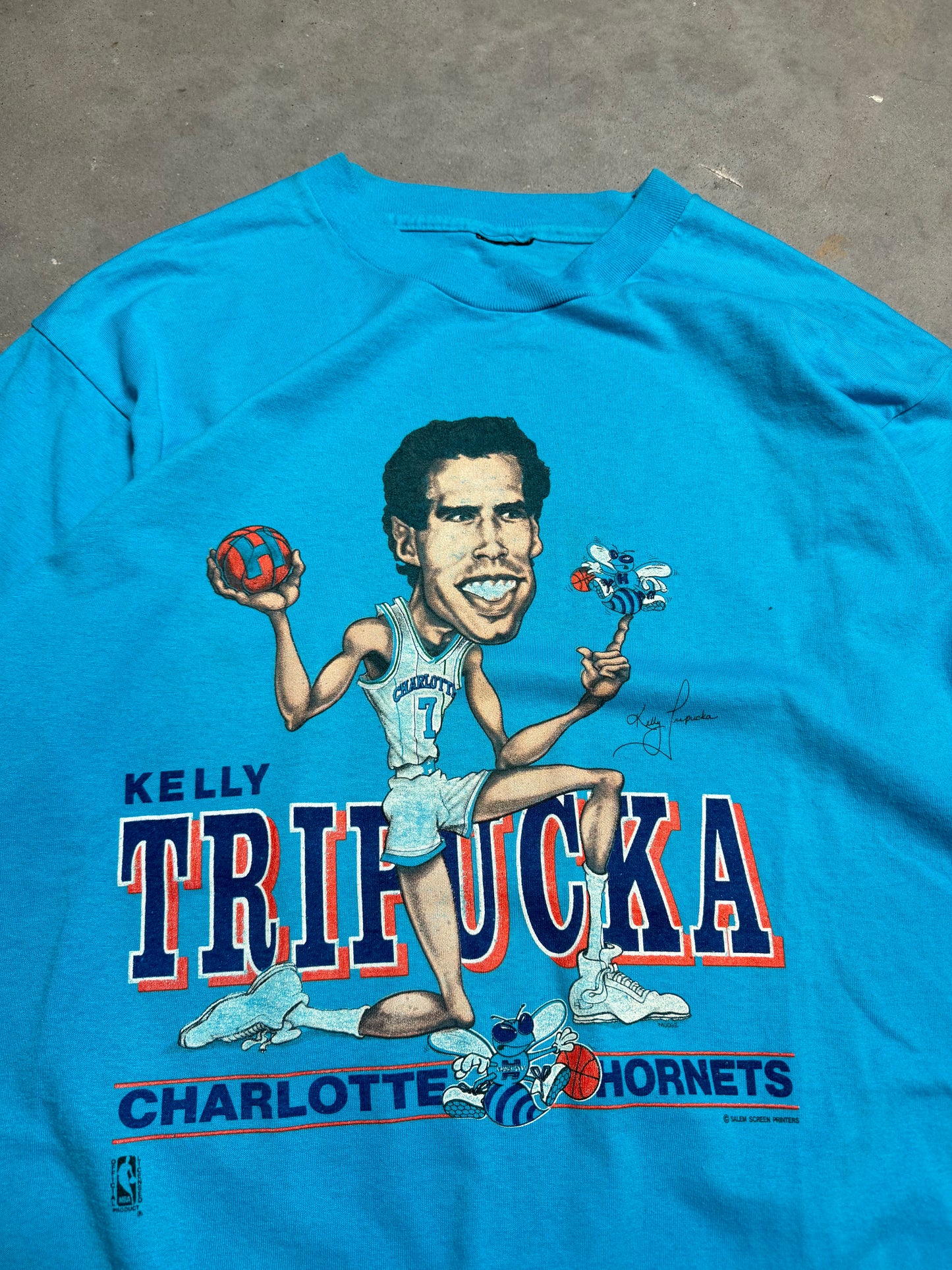 1988 Charlotte Hornets Kelly Tripucka Vintage Teal Salem Sportswear Inaugural Season Caricature Tee (Large)