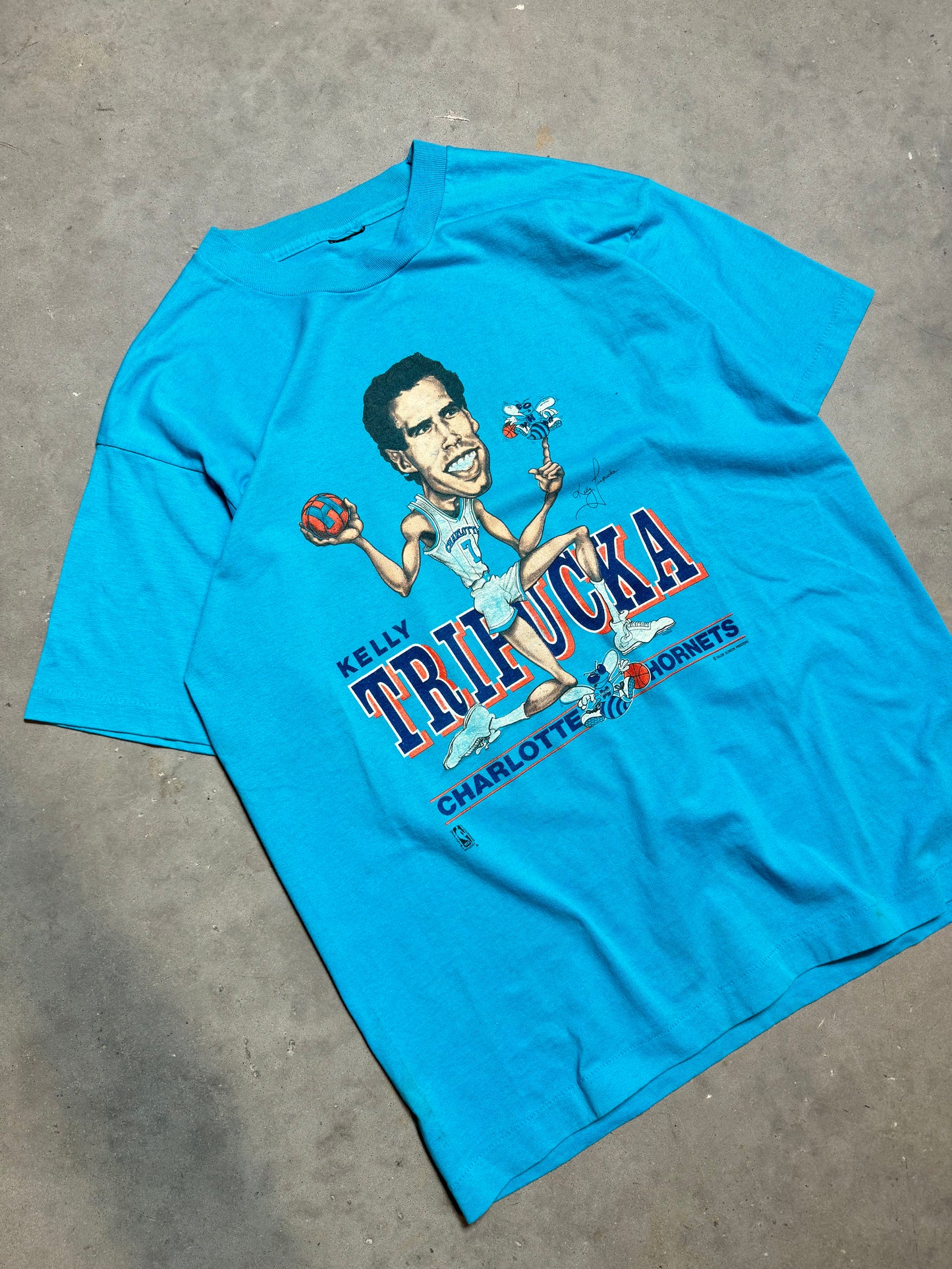 1988 Charlotte Hornets Kelly Tripucka Vintage Teal Salem Sportswear Inaugural Season Caricature Tee (Large)