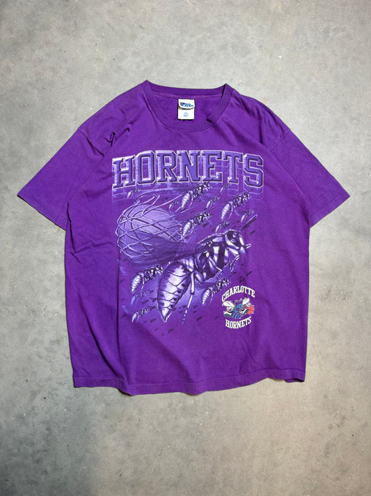 90’s Charlotte Hornets Vintage Purple Pro Player Realistic Hornets Nest NBA Tee (XL)