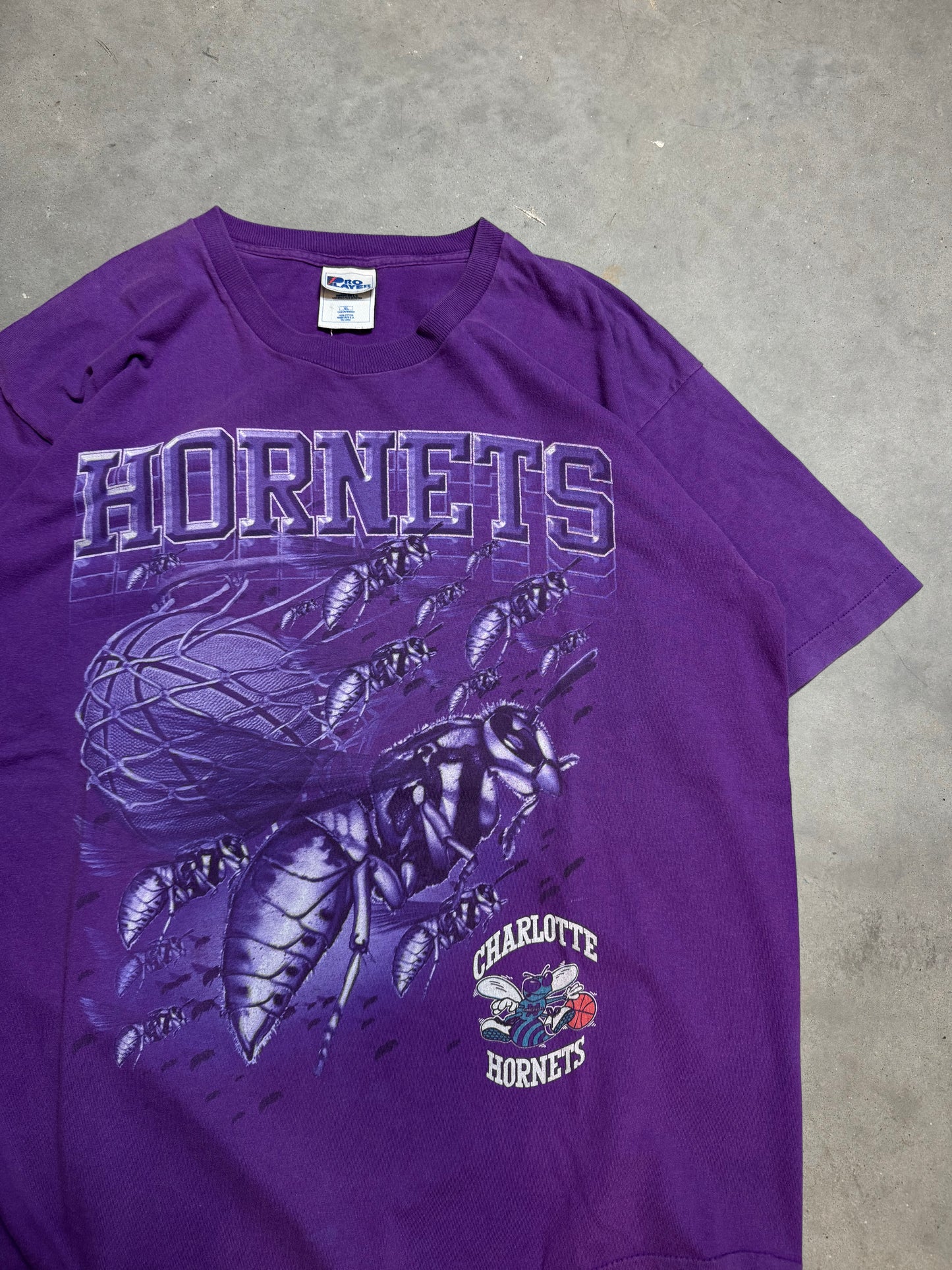 90’s Charlotte Hornets Vintage Purple Pro Player Realistic Hornets Nest NBA Tee (XL)