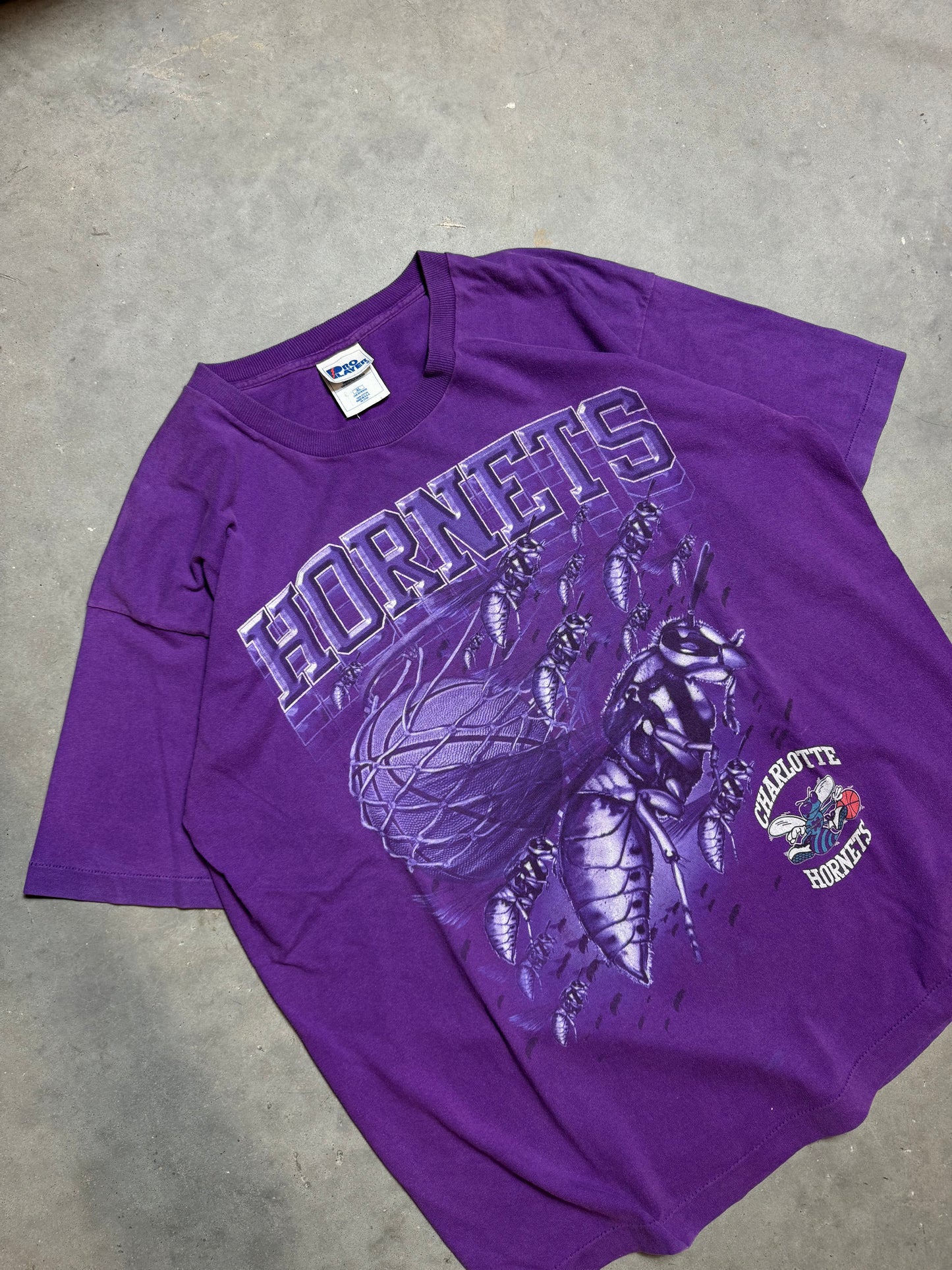 90’s Charlotte Hornets Vintage Purple Pro Player Realistic Hornets Nest NBA Tee (XL)