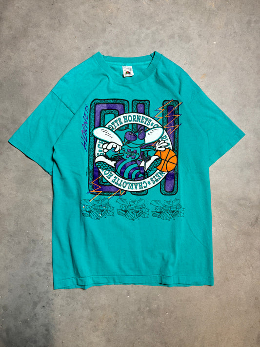 90’s Charlotte Hornets Vintage Teal Big Logo Triple Hugo NBA Tee (Large)