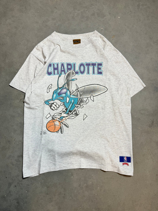 90’s Charlotte Hornets Vintage Heather Grey Nutmeg Mills Breakthrough NBA Tee (Large)