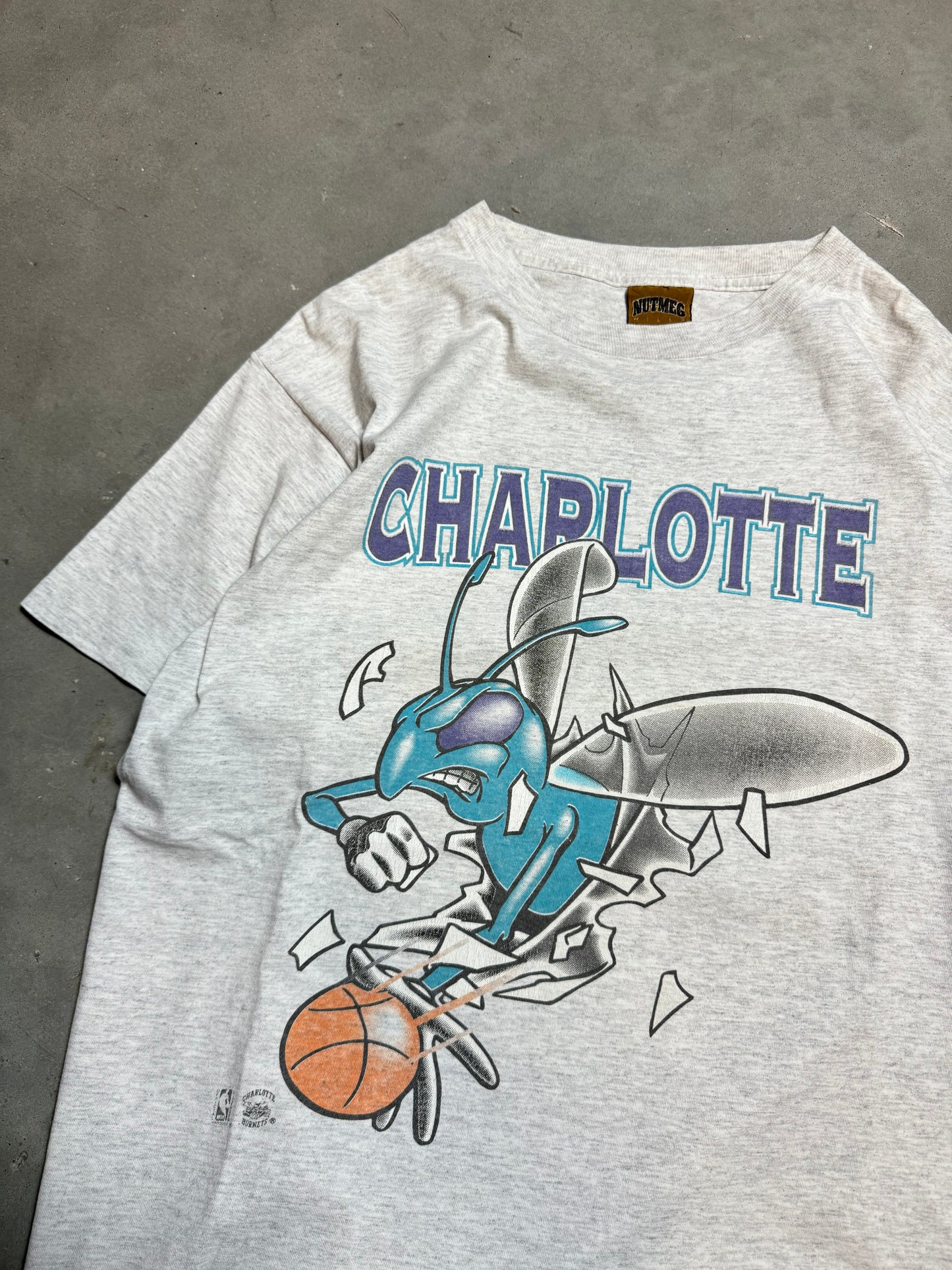 90’s Charlotte Hornets Vintage Heather Grey Nutmeg Mills Breakthrough NBA Tee (Large)