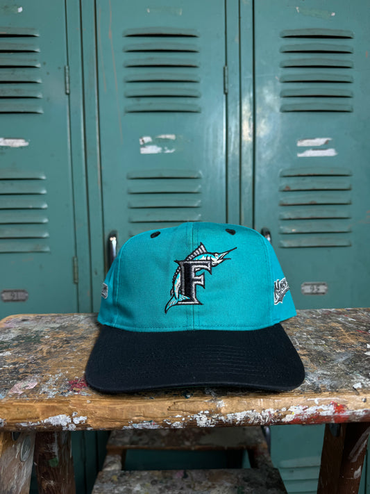 90’s Florida Marlins Vintage Teal Multi Logo MLB Snapback Hat (OSFA)