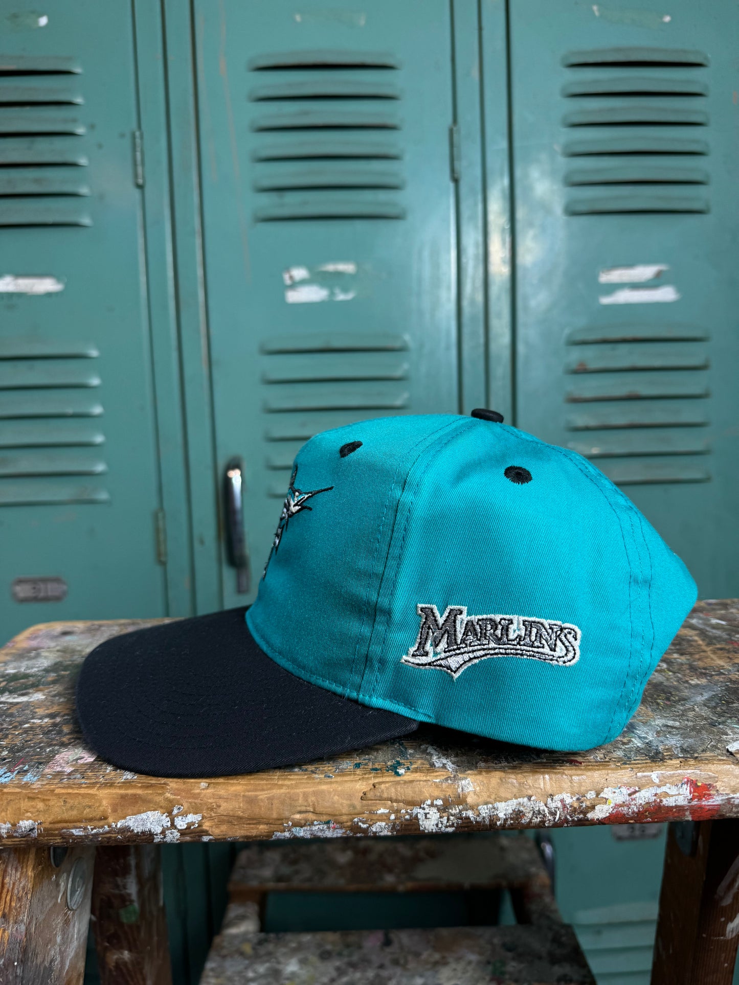 90’s Florida Marlins Vintage Teal Multi Logo MLB Snapback Hat (OSFA)