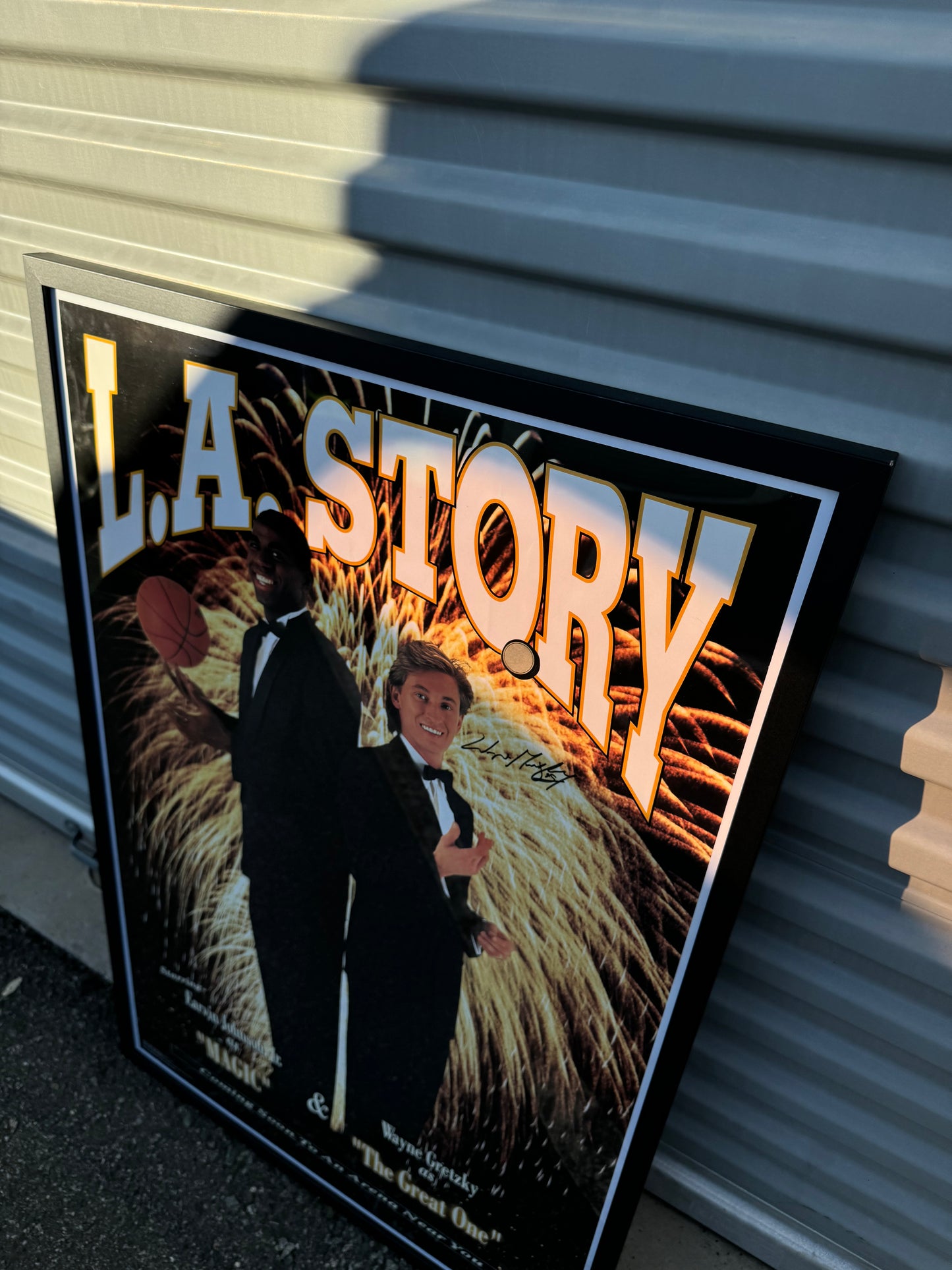 1991 L.A. Story Magic Johnson & Wayne Gretzky Vintage Costacos Bros Vintage Movie Style Framed Poster - Autographed by Gretzky (24” x 36”)