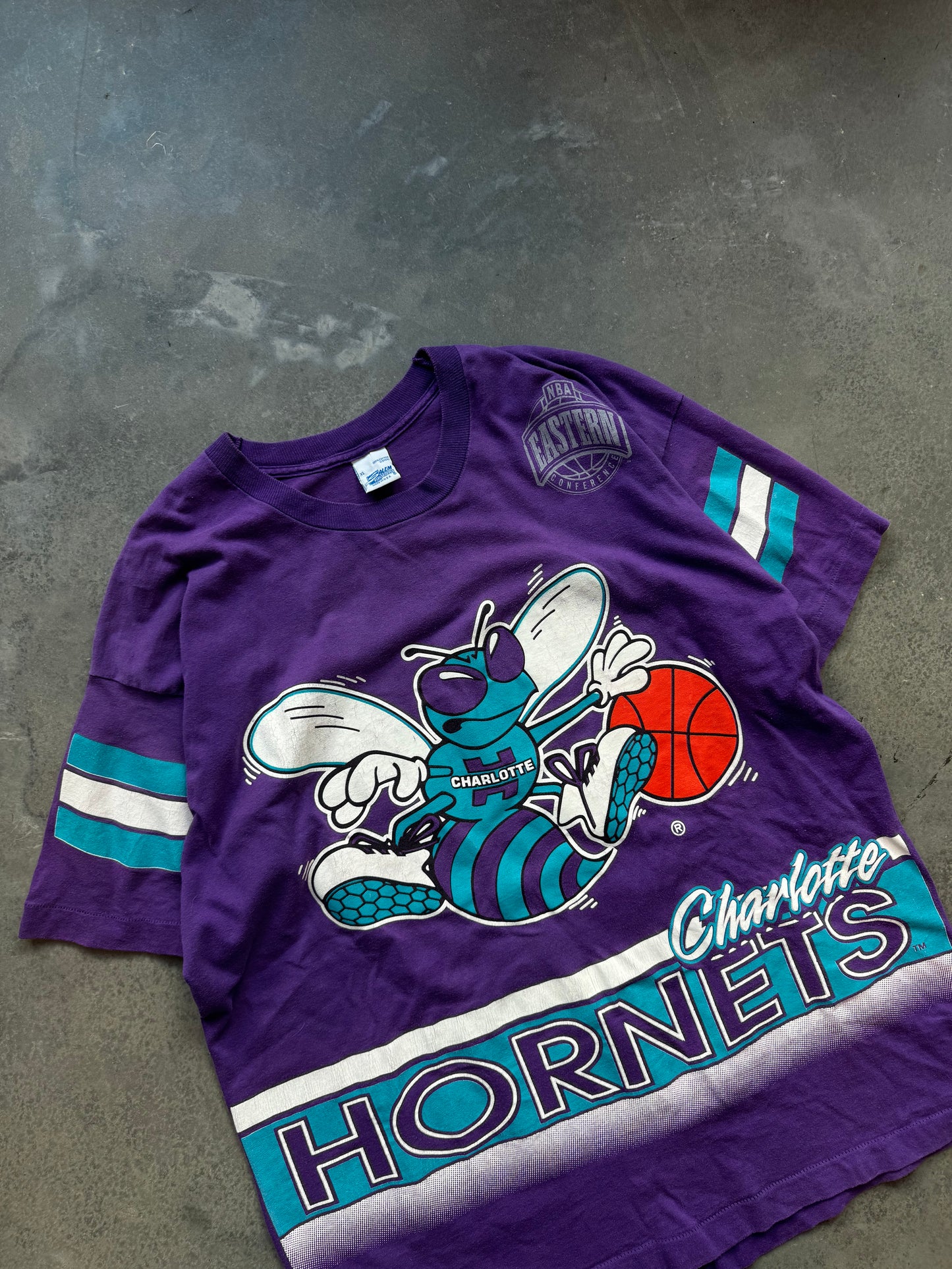 90’s Charlotte Hornets Vintage Purple Salem Sportswear Big Logo Print NBA Tee (XL)