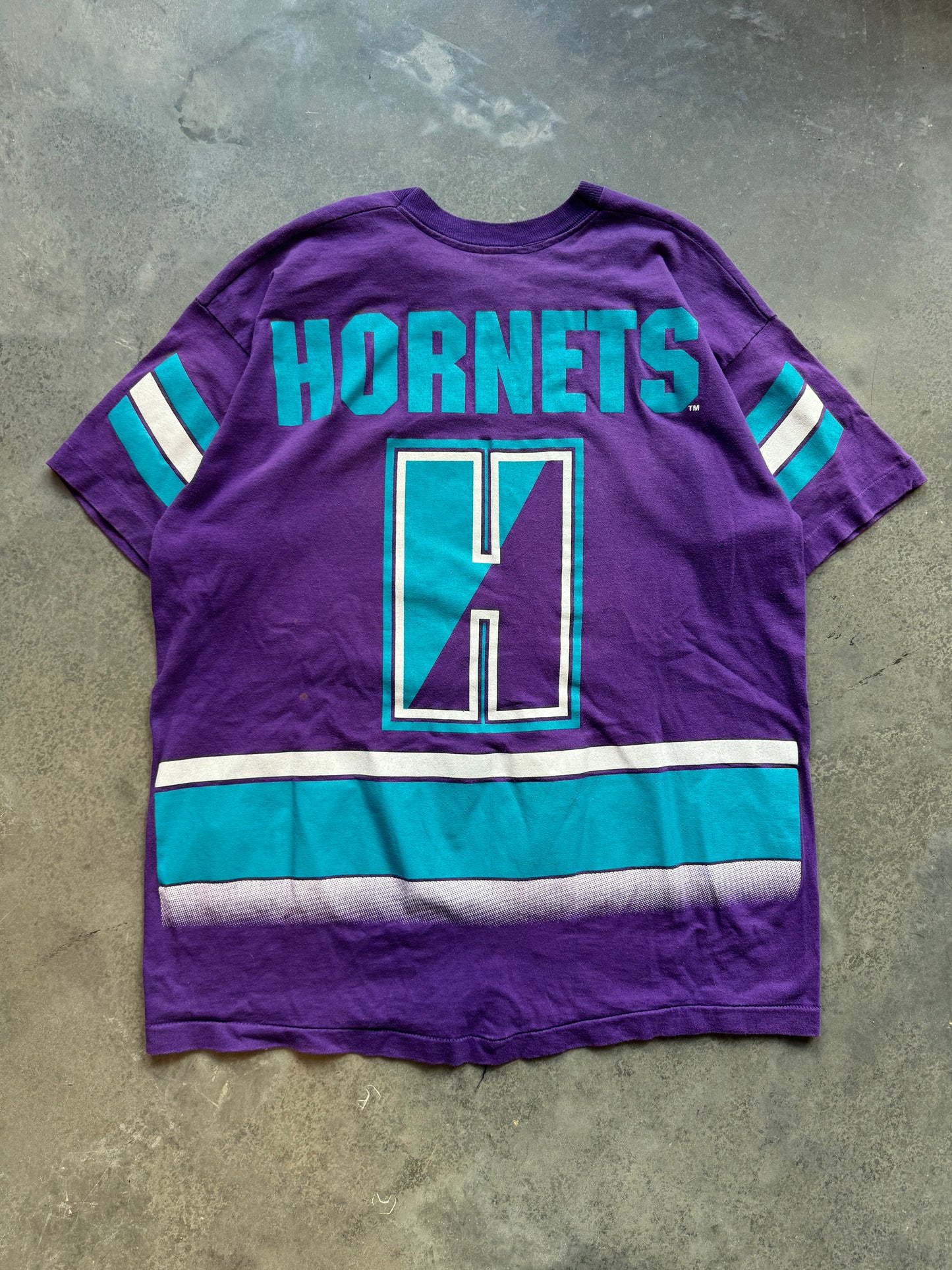 90’s Charlotte Hornets Vintage Purple Salem Sportswear Big Logo Print NBA Tee (XL)