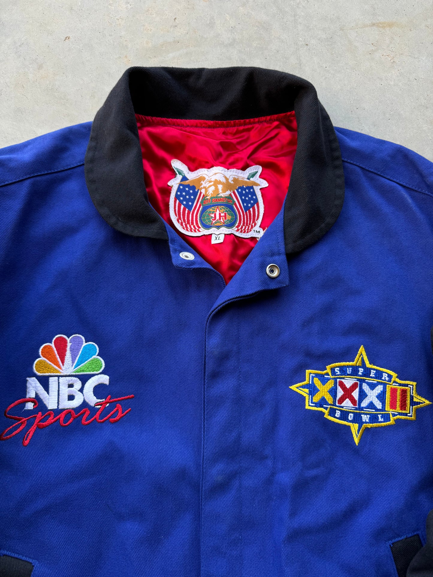 1998 Super Bowl XXXII Denver Broncos vs. Green Bay Packers Vintage NBC Sports Jeff Hamilton NFL Jacket (XL)