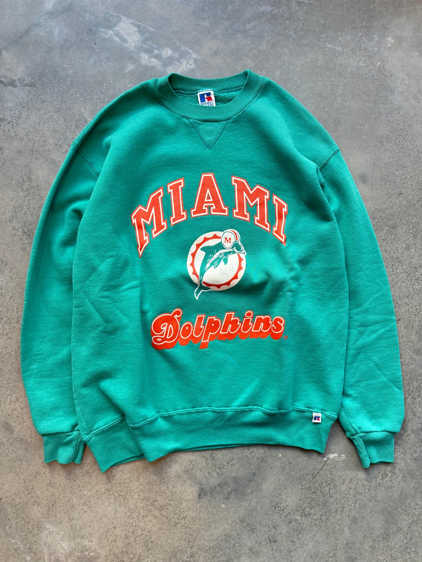 90’s Miami Dolphins Vintage Teal Russell Athletic Spellout NFL Crewneck (Large)