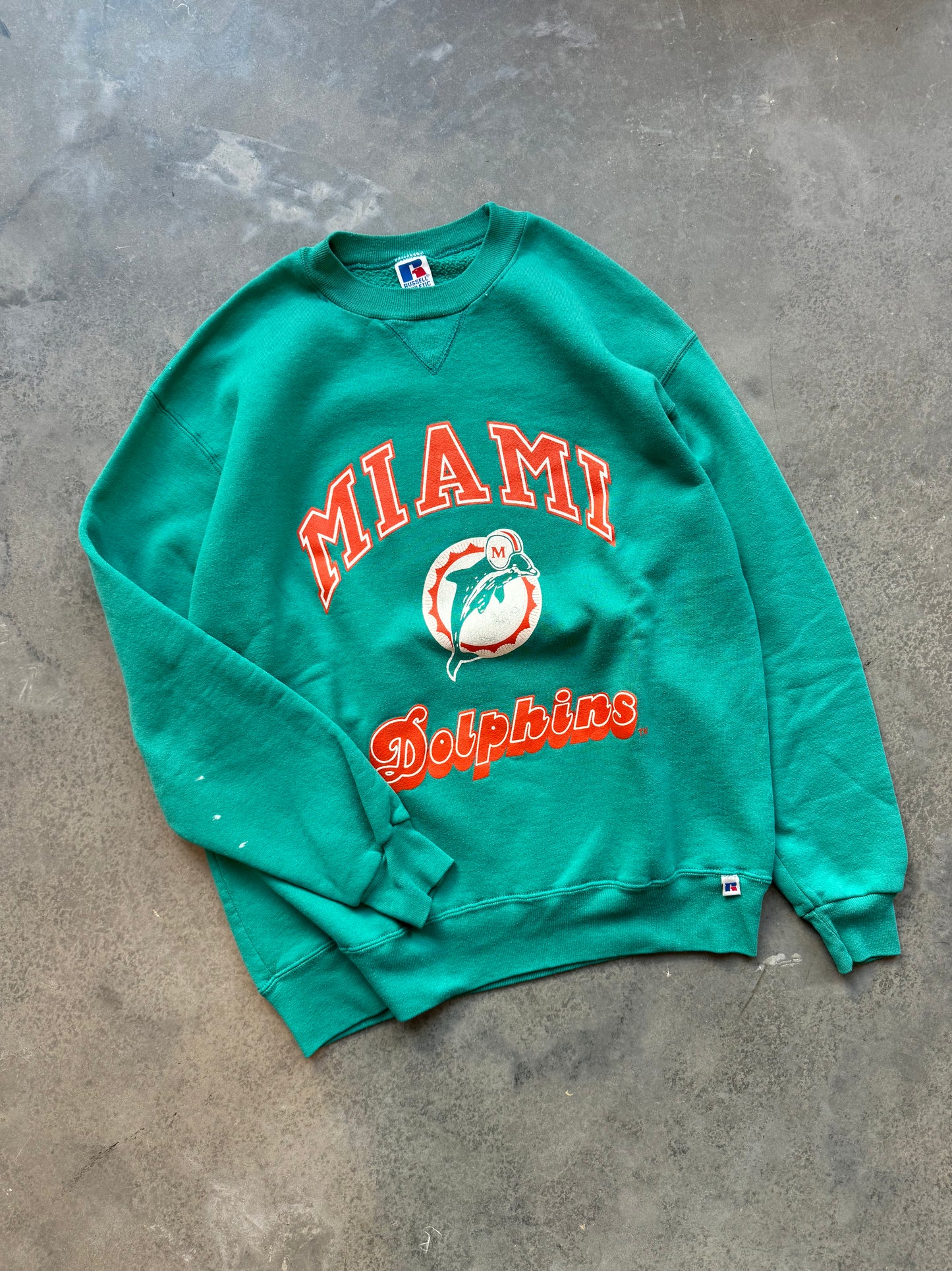 90’s Miami Dolphins Vintage Teal Russell Athletic Spellout NFL Crewneck (Large)
