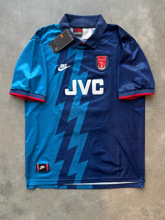 1995/1996 Arsenal FC Dennis Bergkamp Vintage Nike JVC Blue Away Kit Soccer Jersey - Deadstock (XXL - Fits like XL)