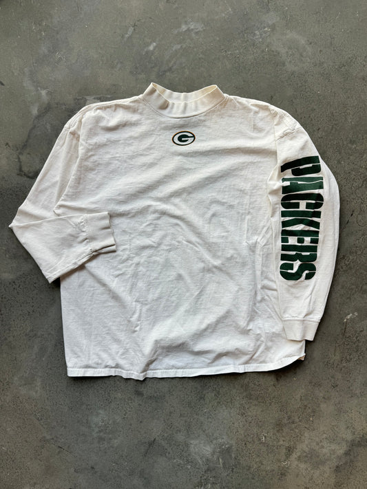 00’s Green Bay Packers Vintage White Reebok Center Long Spellout NFL Tee (XXL)