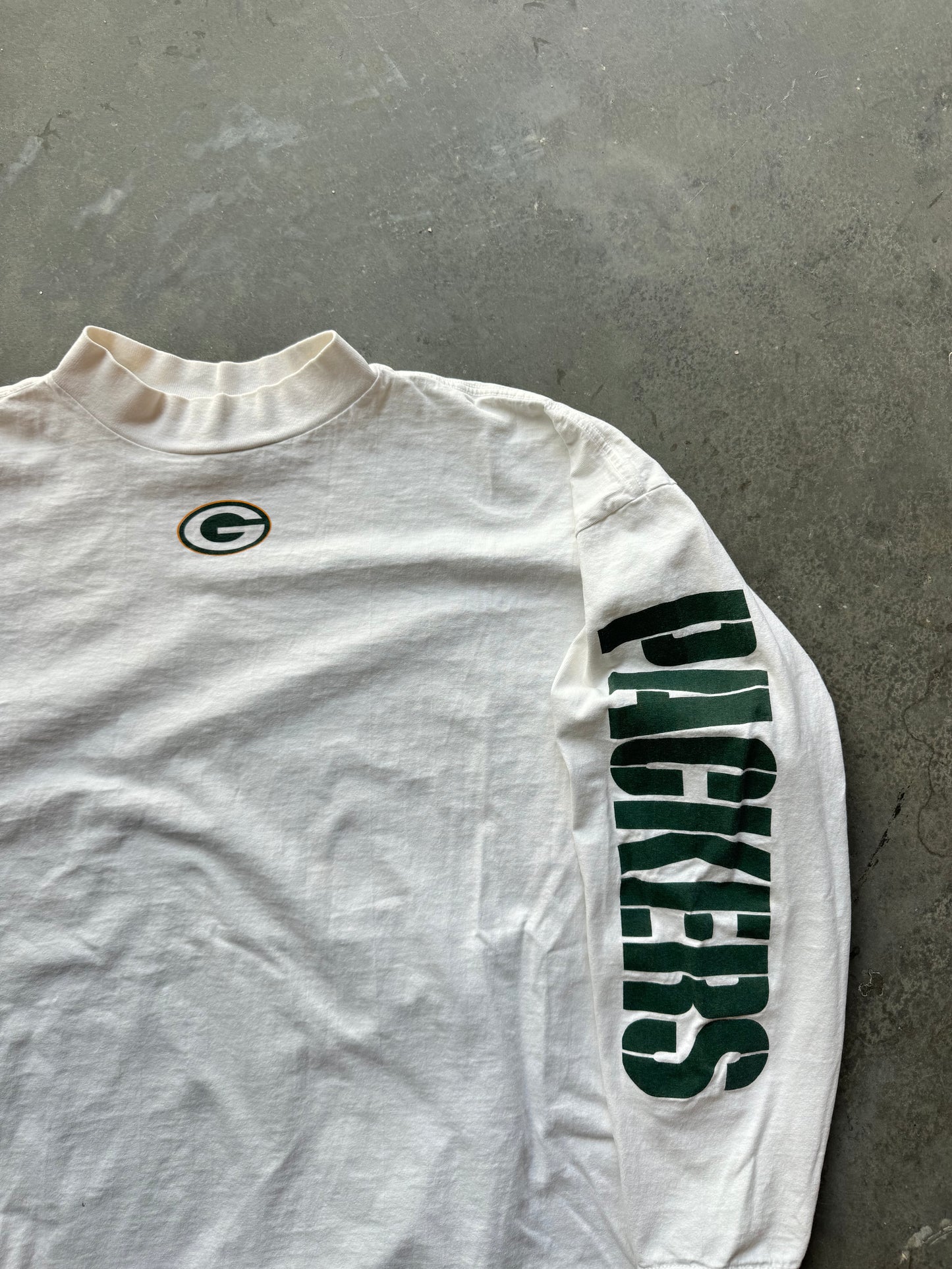 00’s Green Bay Packers Vintage White Reebok Center Long Spellout NFL Tee (XXL)