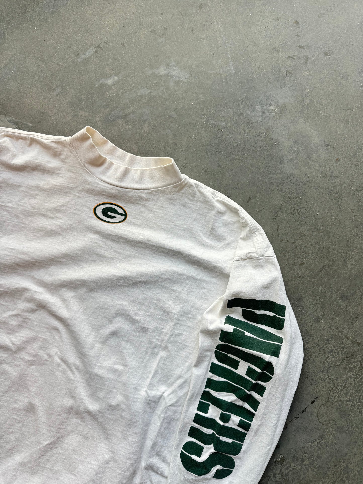 00’s Green Bay Packers Vintage White Reebok Center Long Spellout NFL Tee (XXL)