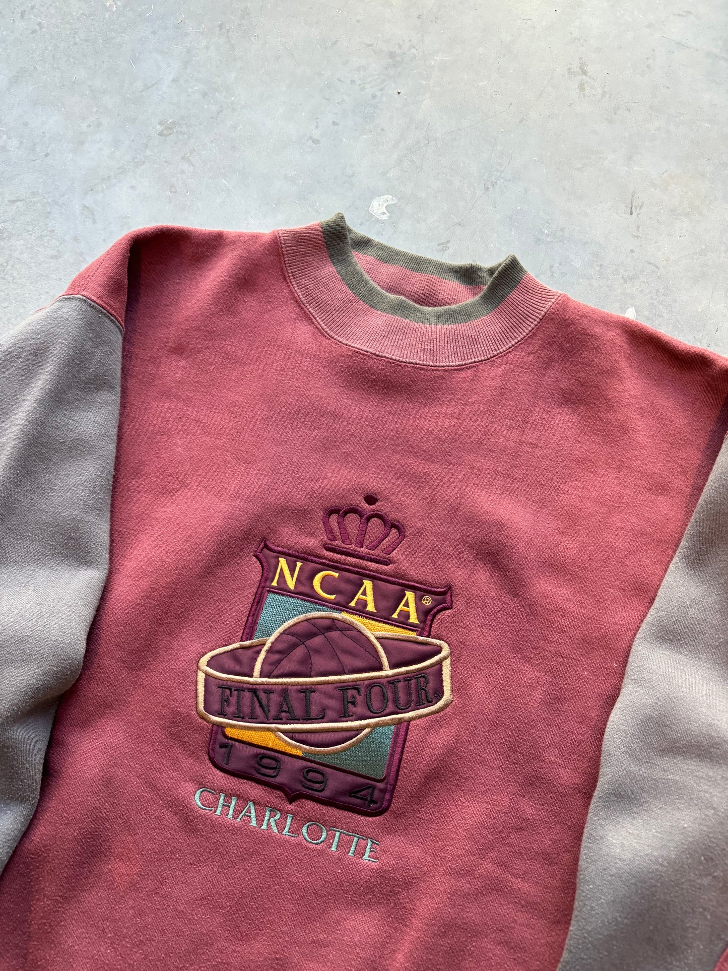 1994 Charlotte NCAA Final Four Vintage Wine Red Heavyweight Embroidered College Crewneck (Large)