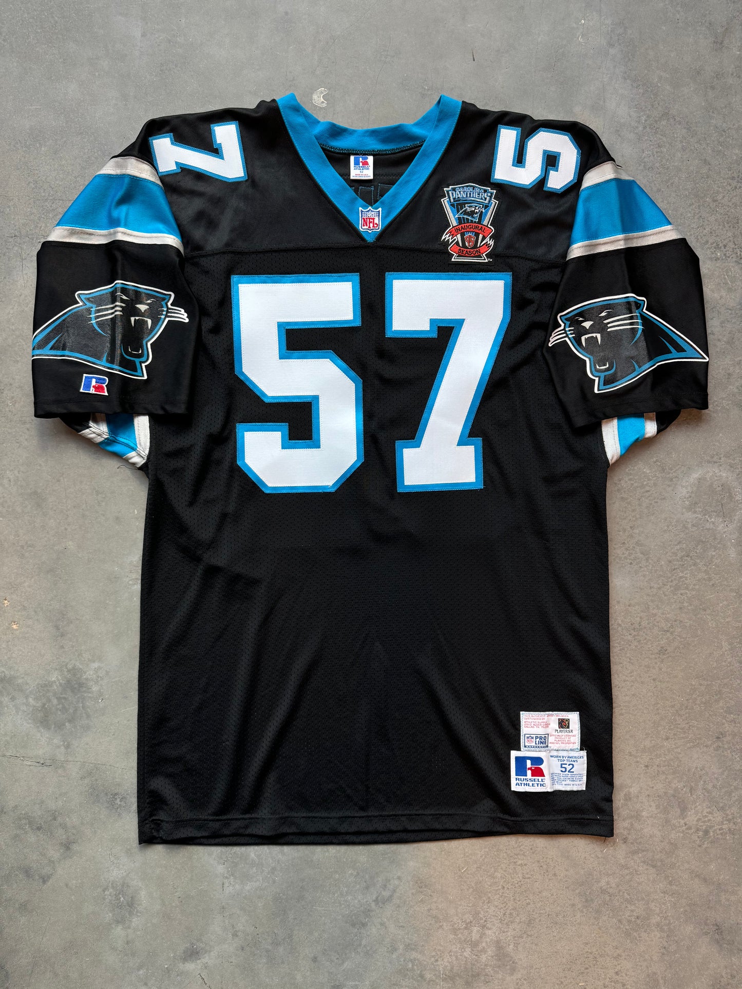 1995 Carolina Panthers Lamar Lathon Inaugural Season Black Russell Athletic Pro Model Fully Embroidered NFL On Field Jersey (52/XXL)