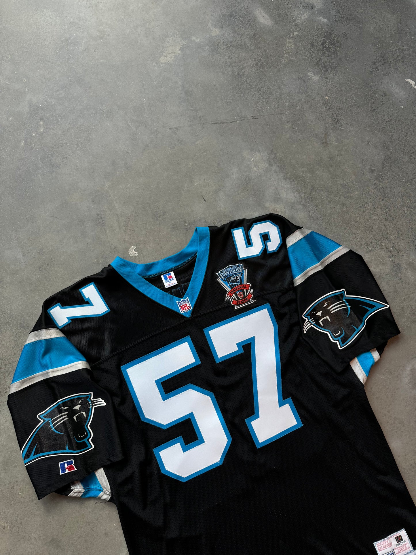 1995 Carolina Panthers Lamar Lathon Inaugural Season Black Russell Athletic Pro Model Fully Embroidered NFL On Field Jersey (52/XXL)